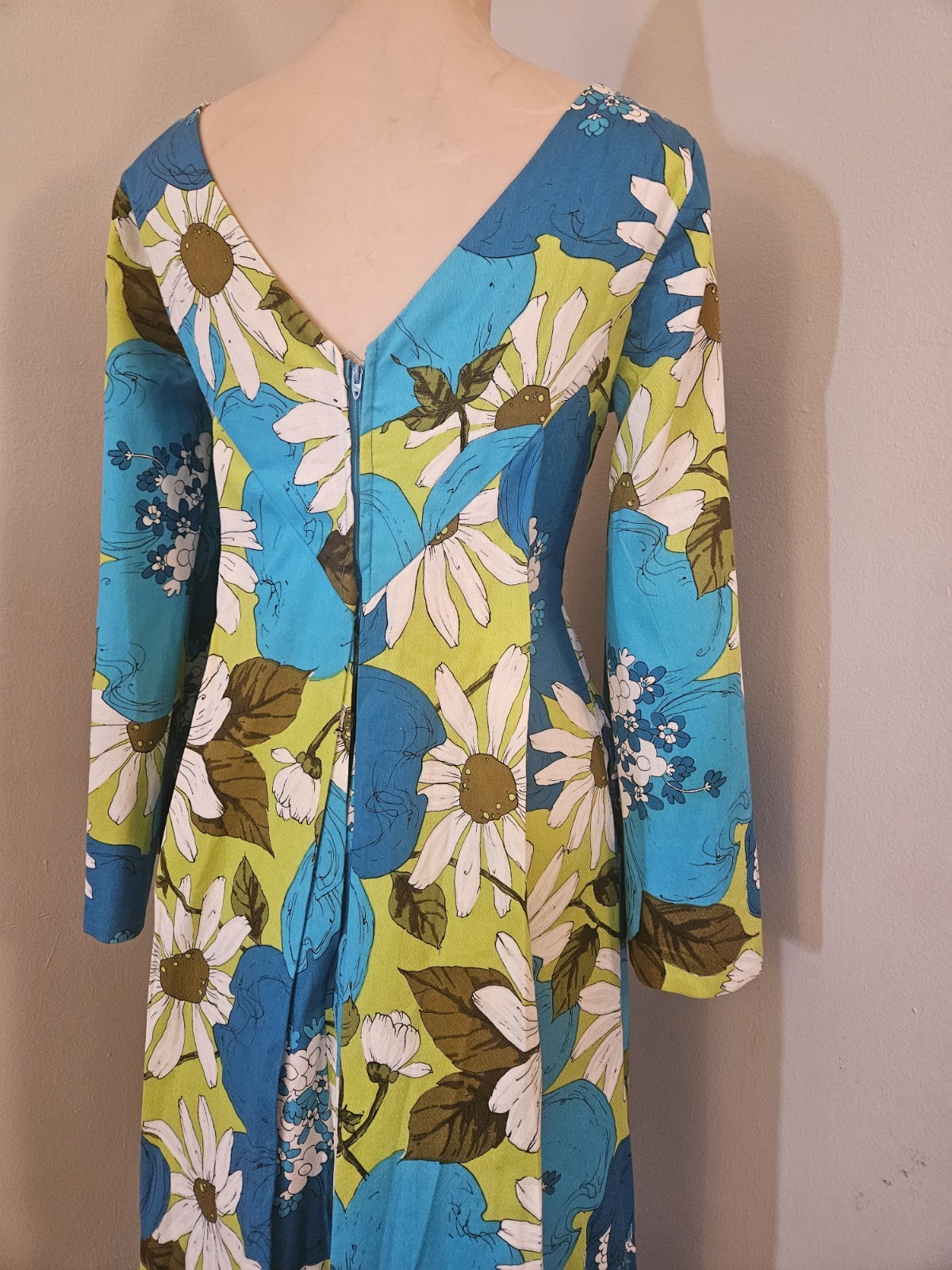 Vtg Alice Polynesian Hawaiian Hostess Dress Barkcloth Flower Power Daisy Blue