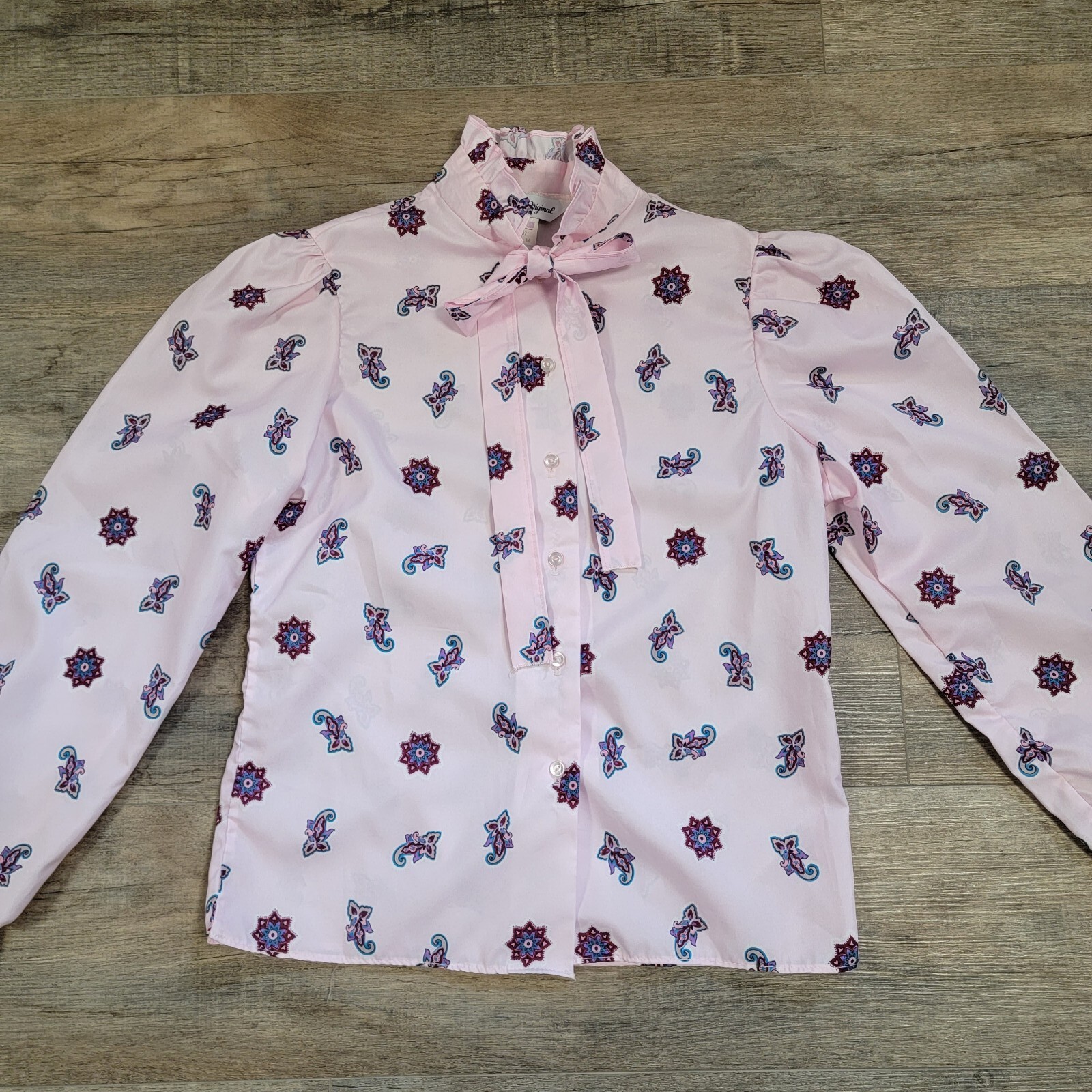 A Dante Original Vintage Blouse Pink Paisley Stand Up Ruffle Collar Medium 70s