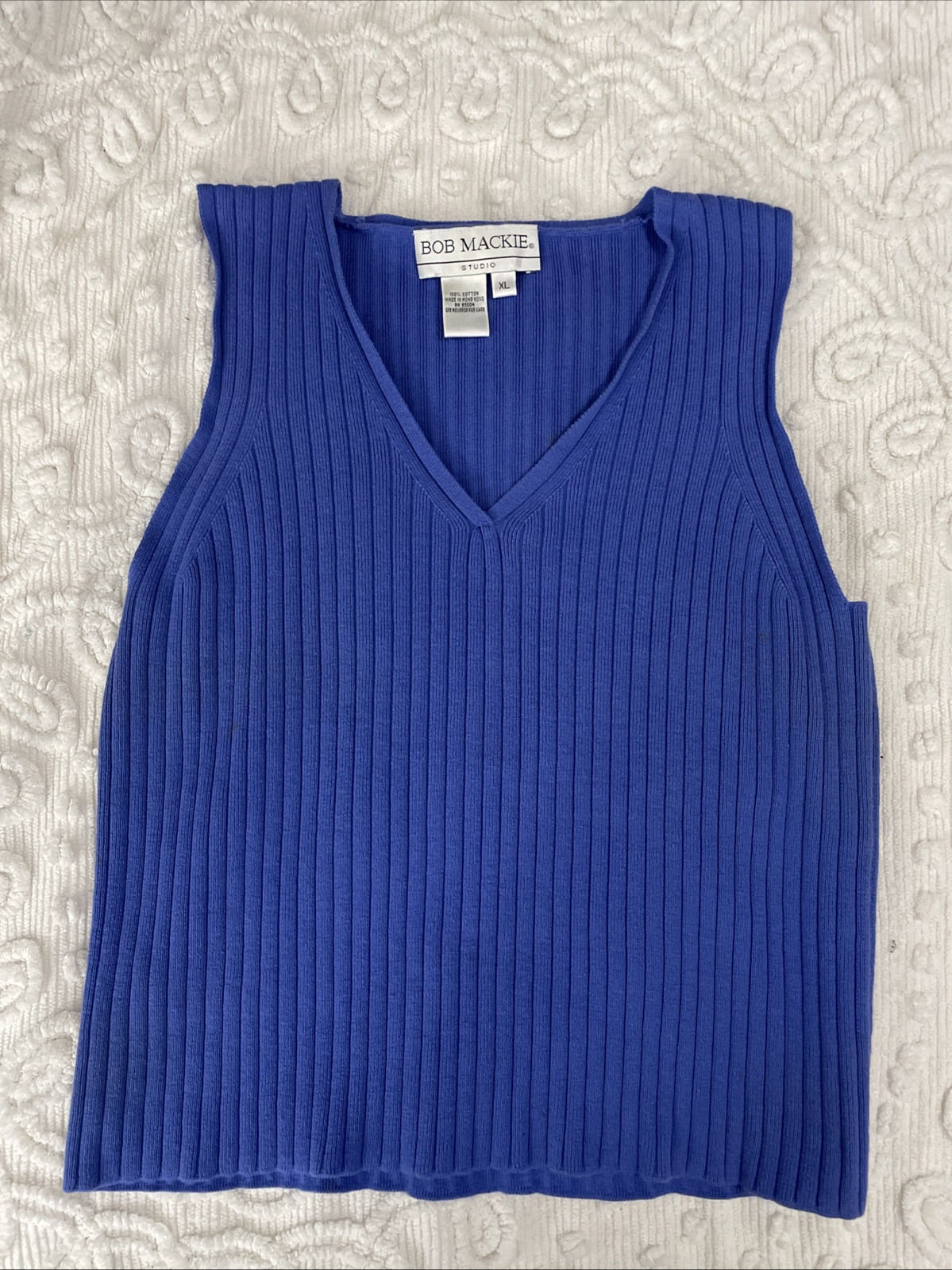 VTG Bob Mackie Studio Ribbed V-Neck Sweater Vest 100% Cotton Blue Women’s M/L