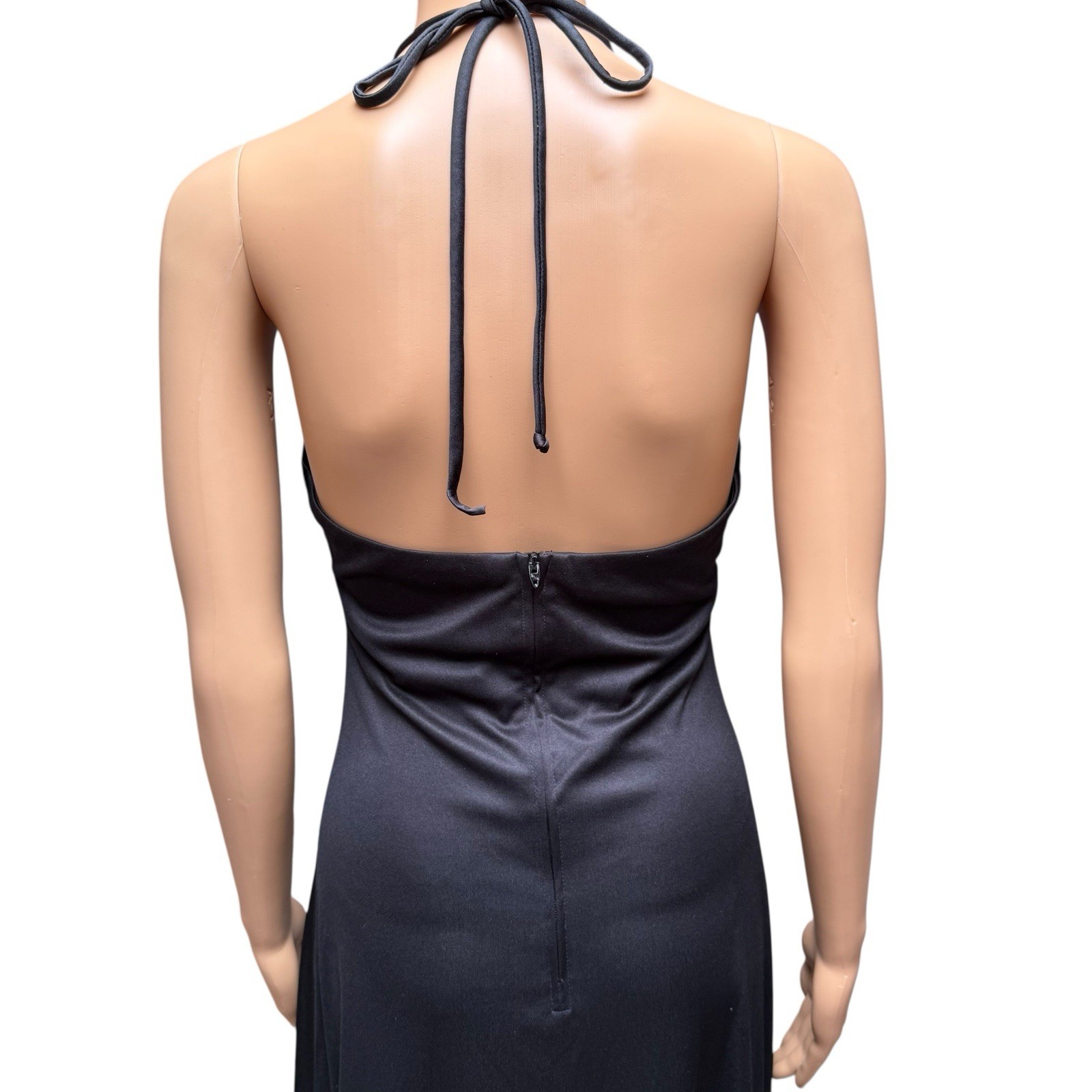 70s Joy Stevens California Halter Dress Black Stretch Maxi Evening Party