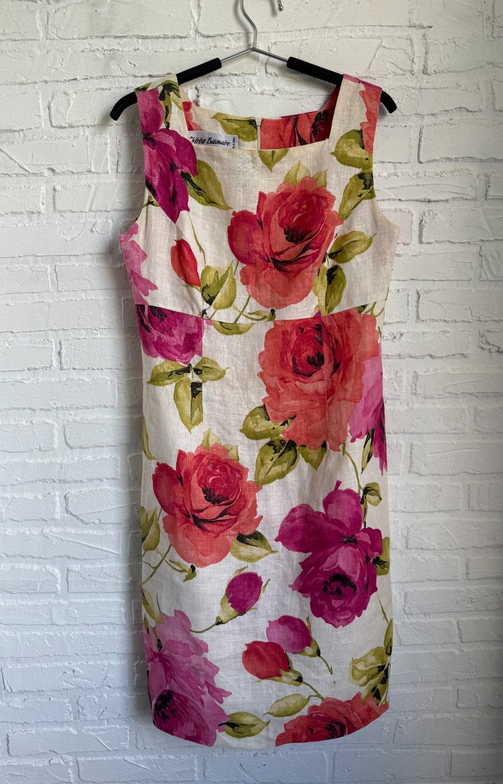 Vintage 80s Therese Balmaire Paris Floral Ramie Dress Pink Rose print size FR 42