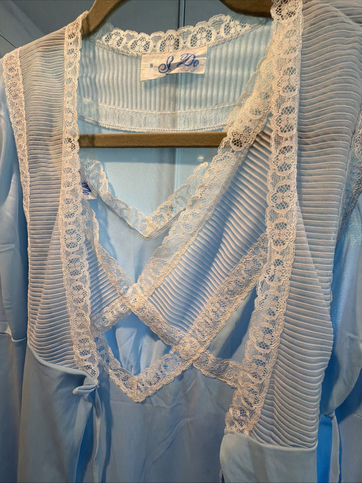 VTG I Do NYLON Lace Detail Baby Blue PEIGNOIR ROBE/NIGHTGOWN 2Pc SET Sz Small