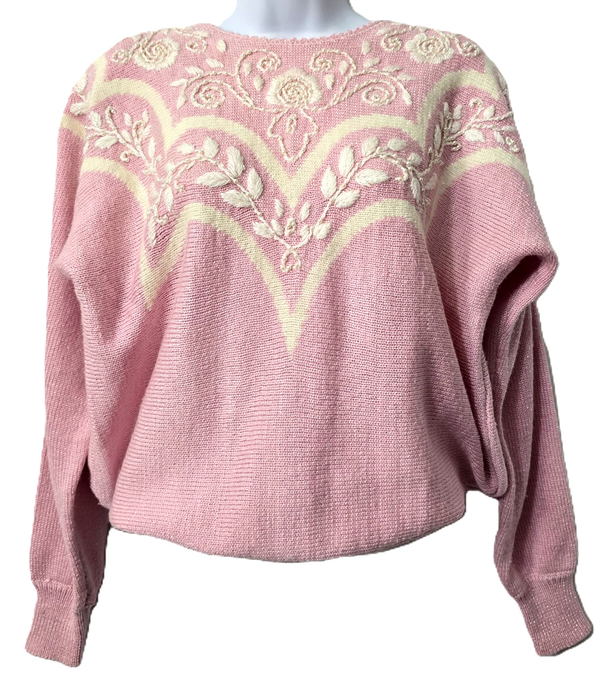 Vintage Embroidered Feminine Sweater Top M Beaded Girly Kawaii Pink Ivory 90s