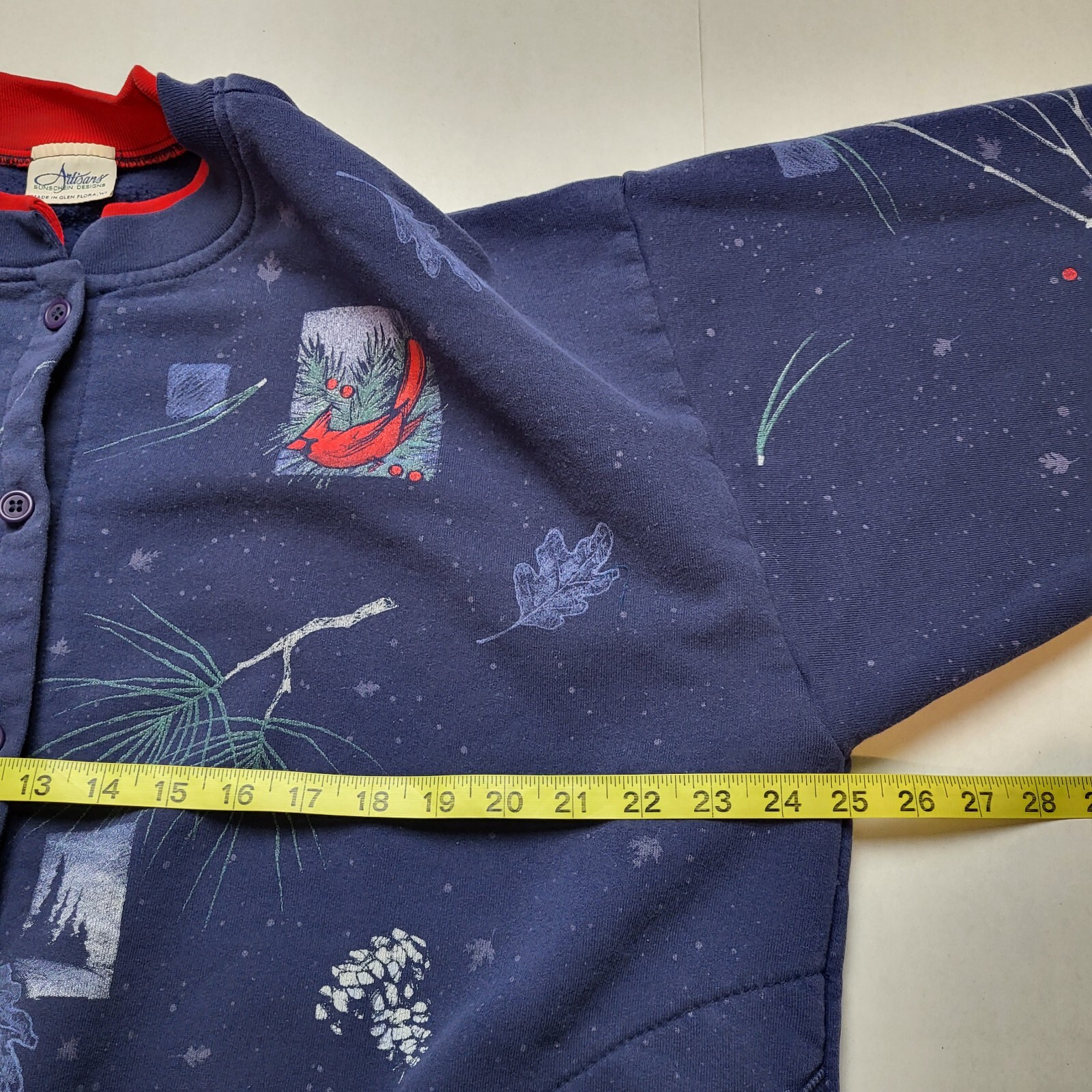 Vtg Artisans Cardinal Sweatshirt Cardigan Womens L Bird Blue Red USA 90s ÷31