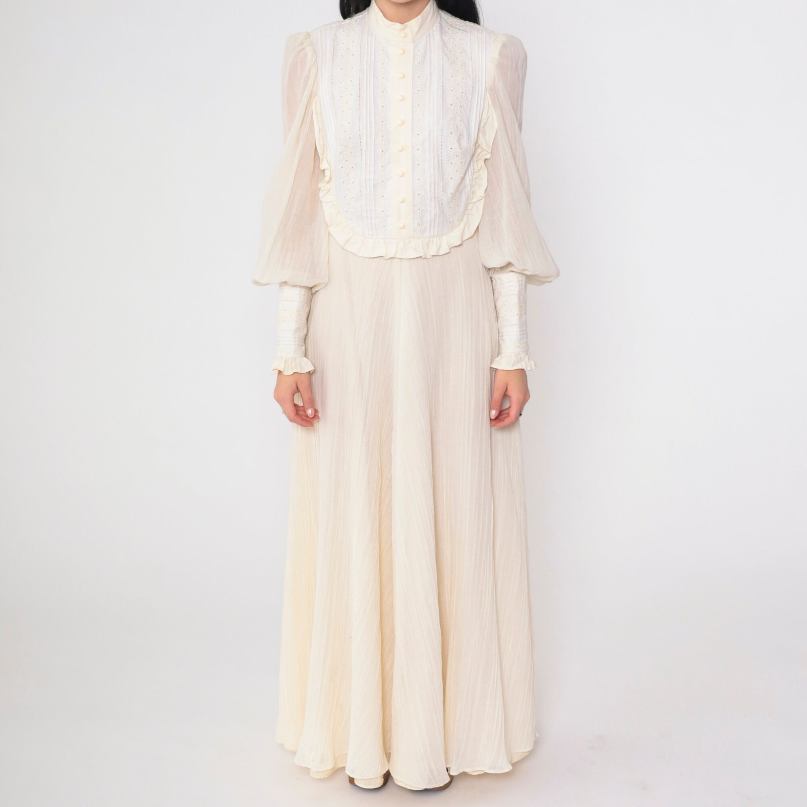 70s Prairie Dress Cream Victorian Maxi Dress Eyelet Lace Bib Puff Sleeve Cottage