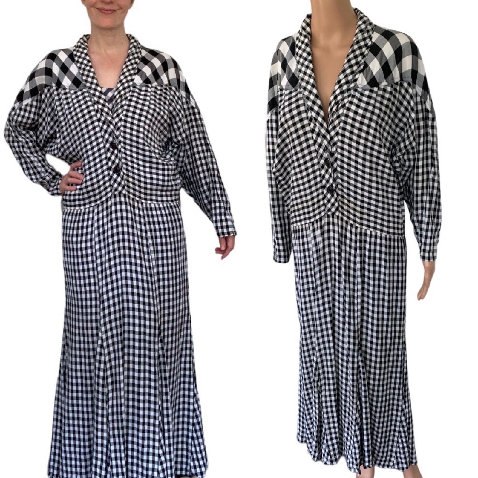 80s Retro Plaid Dress Black White Gored Skirt Print Rayon 10