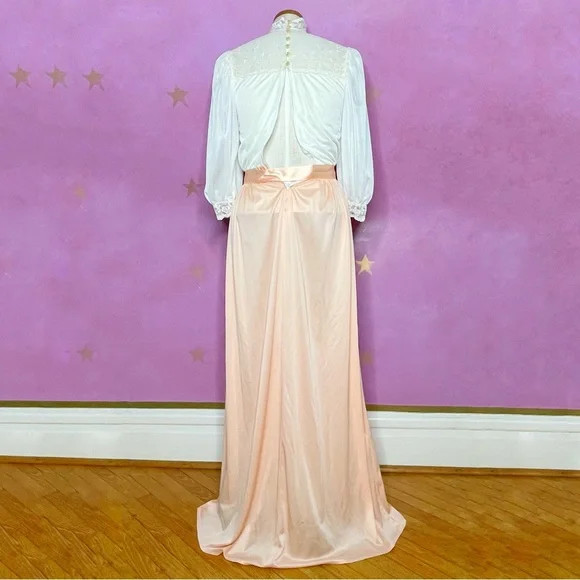 Vintage 70s Romantic Lace And Satin Peach Cream Chiffon Cottagecore Dress Small