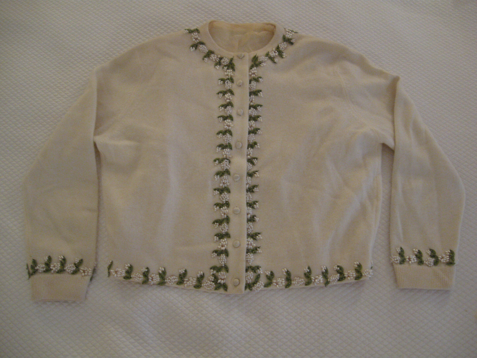 Vintage Dalton Virgin Cashmere Cardigan Sweater- Ivory, Silk Applique & Beadwork