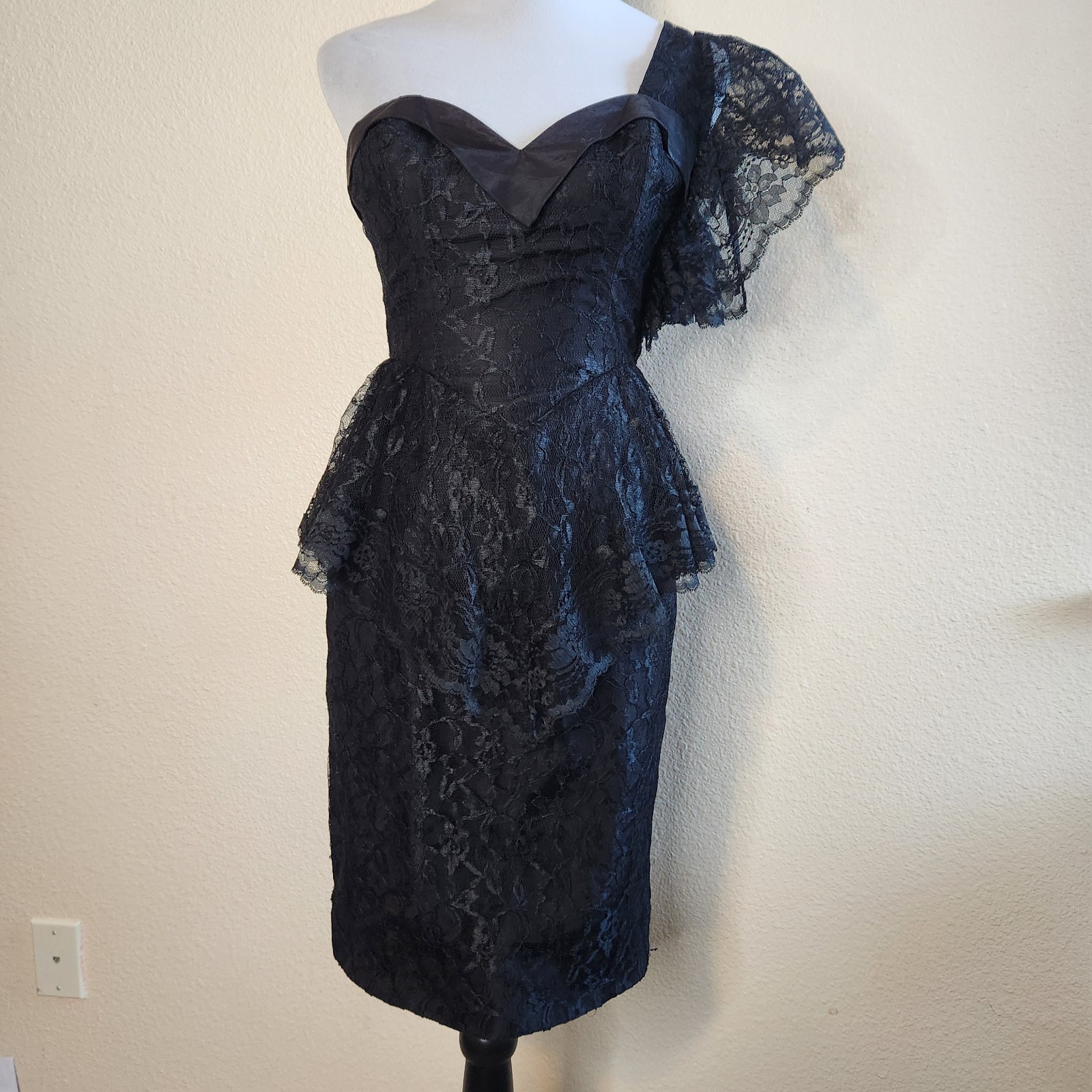 Vtg Black Lace One Shoulder Cocktail Dress 80s Peplum Climax For David Howard