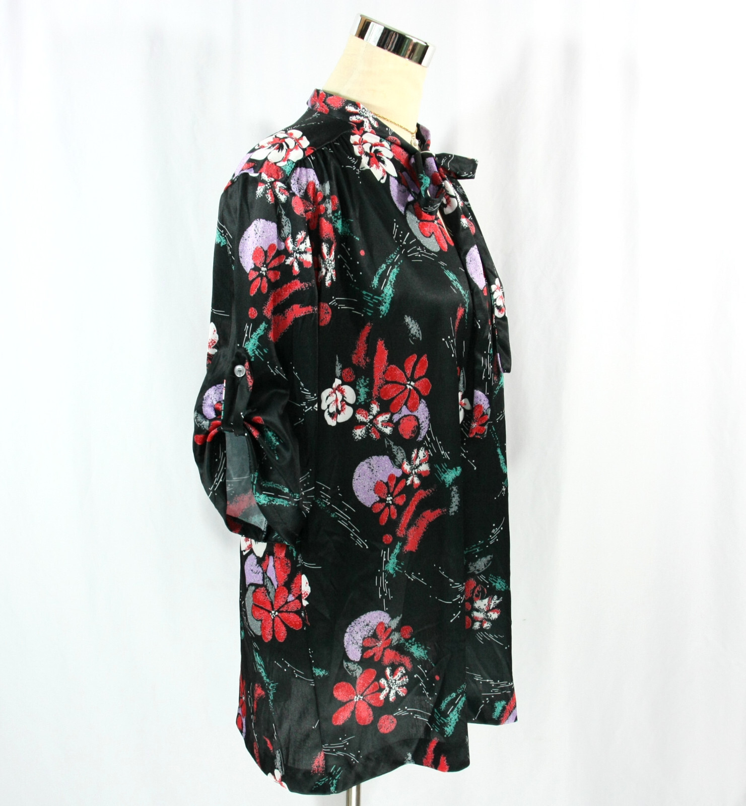 Vintage Red Black Floral Keyhole Bow Neck Tab Sleeve Tunic Top Boho 1970s M L