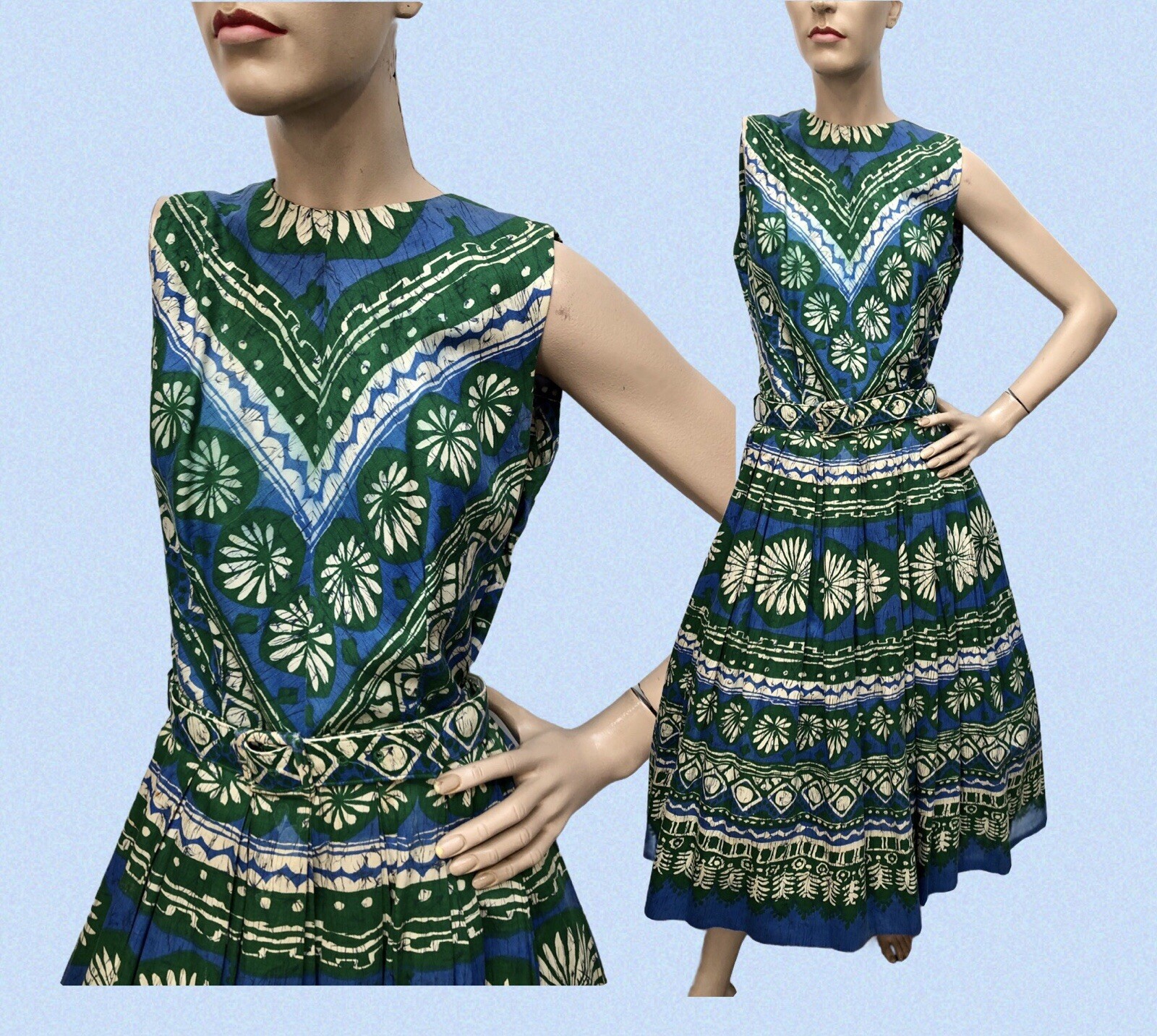 VTG 1950s *BATIK PRINT 2-PIECE SUNDRESS Dress Set DIRNDL SKIRT & Button-Back Top