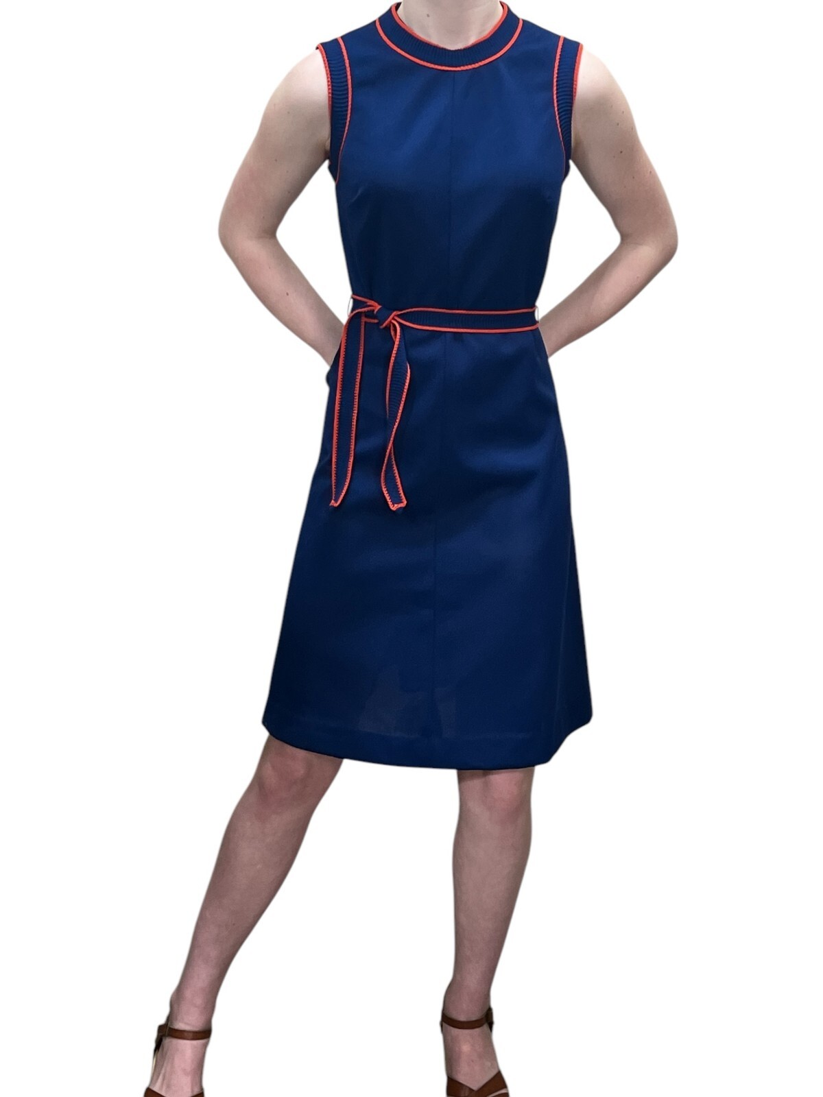 Vtg 70s S Dress Fit Flare Navy Blue Orange Red Trim Belted Sleeveless Poly Knit
