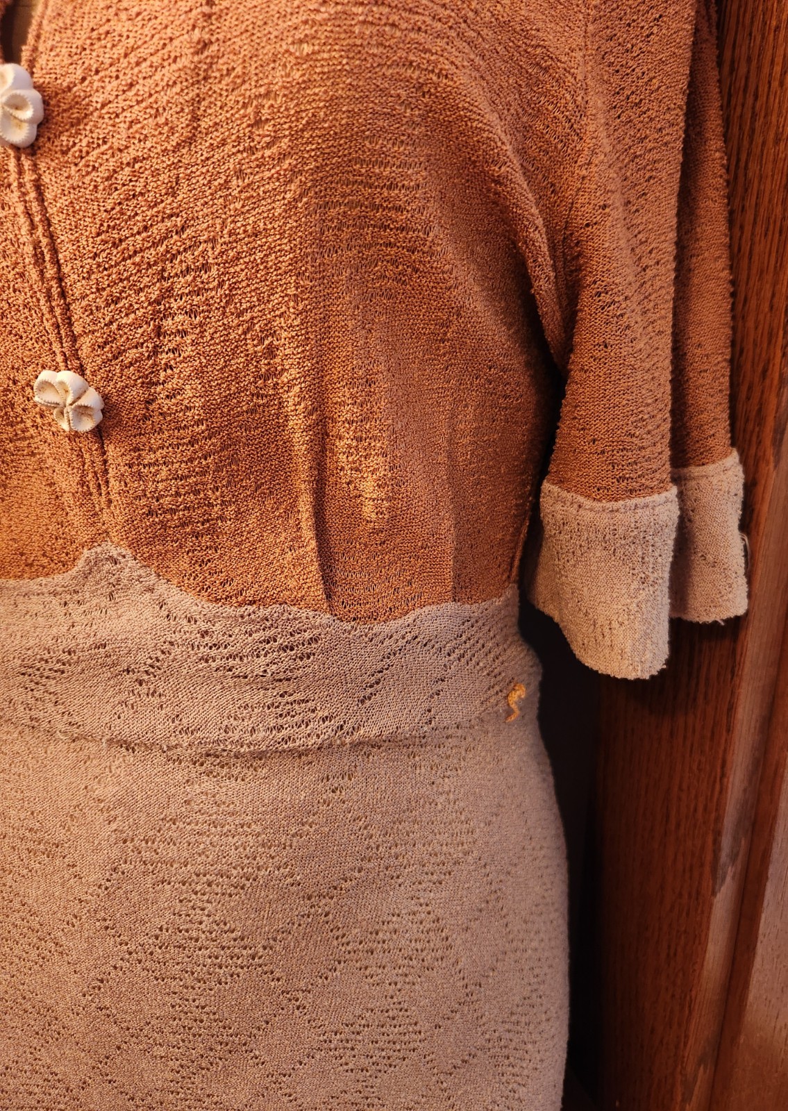 Vintage 1930s Two Tone Tan Knit Rayon Dress S