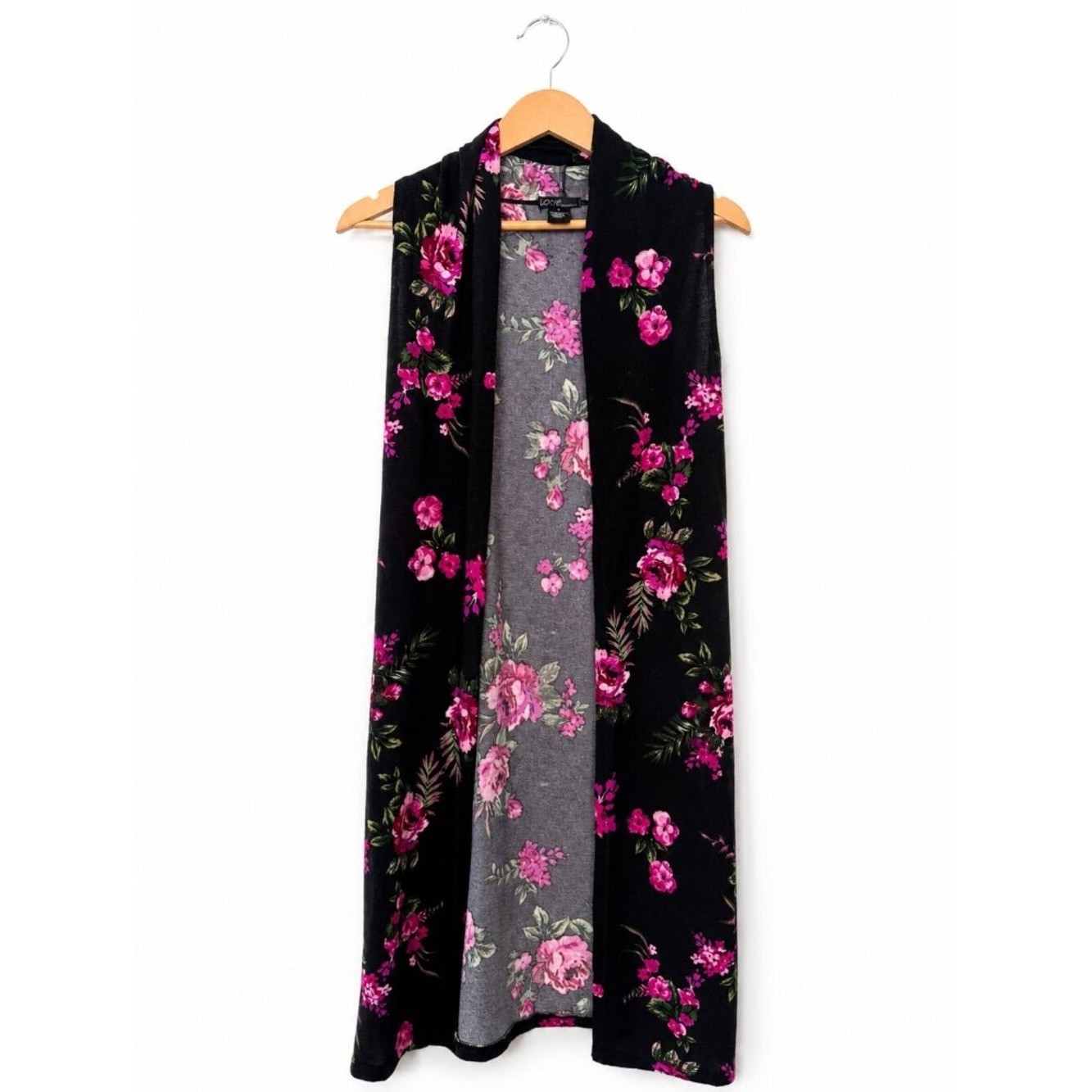 Floral Sleeveless Open Front Duster Cardigan Vest Size S Black Boho Romantic