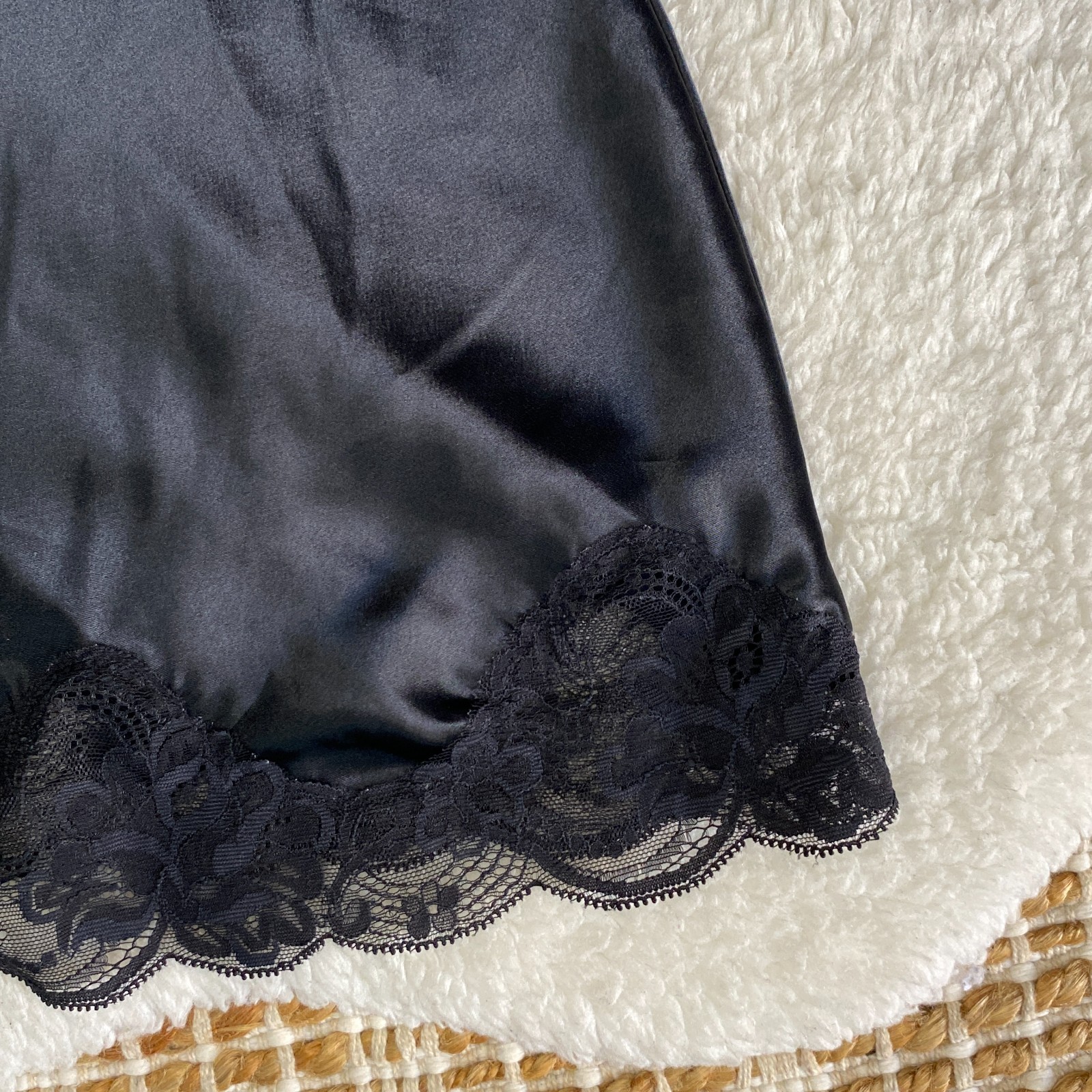Vintage Black Satin Lace Trim Slip Dress Midi Adjustable Straps