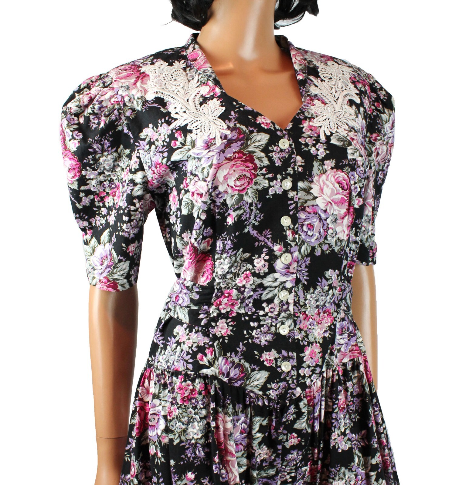 80s Party Dress Sz 11 M Vintage Black Pink Purple Floral Short Sleeve Prom Gown