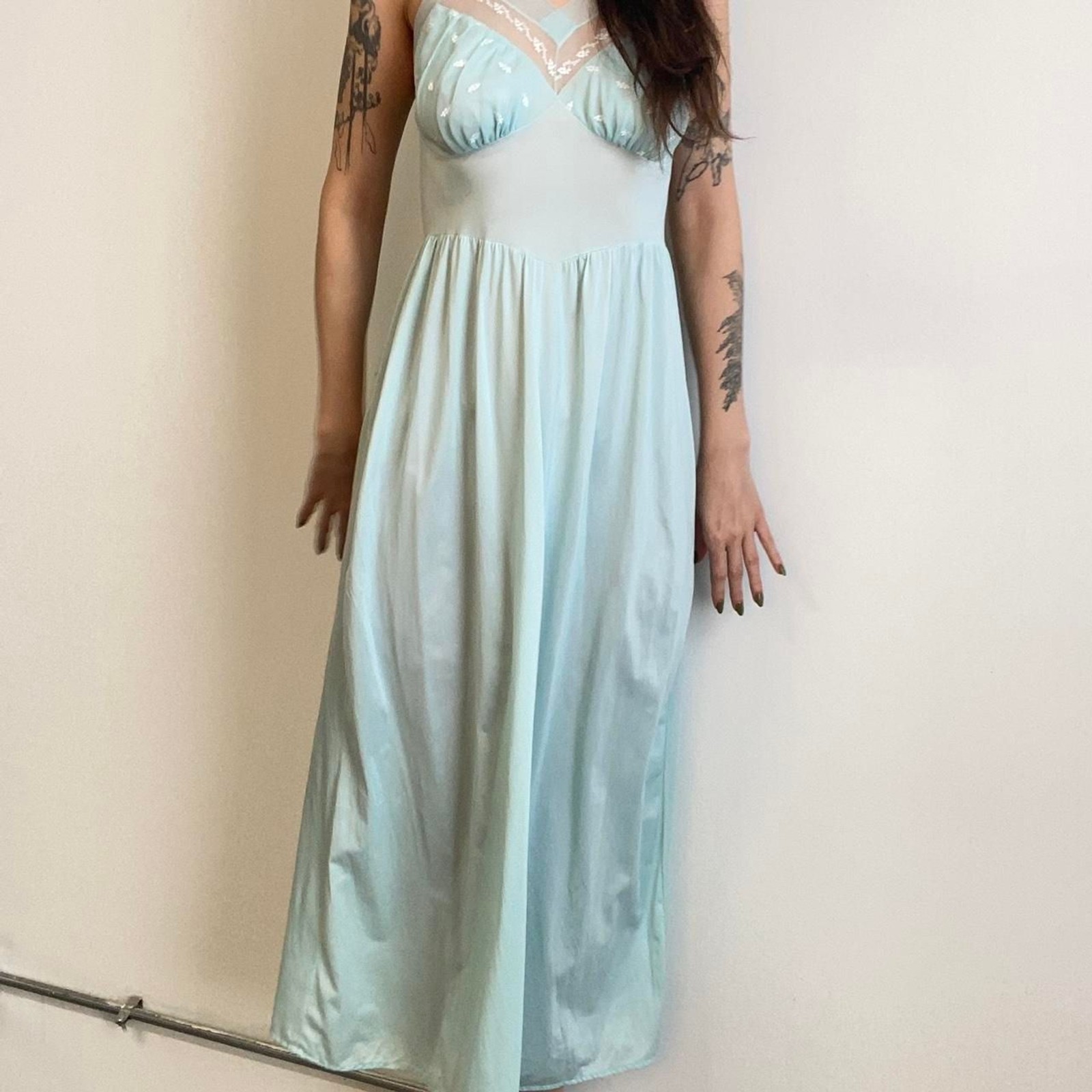 1960s nylon baby blue maxi lingerie slip dress ( 17in ptp, 28in waist)