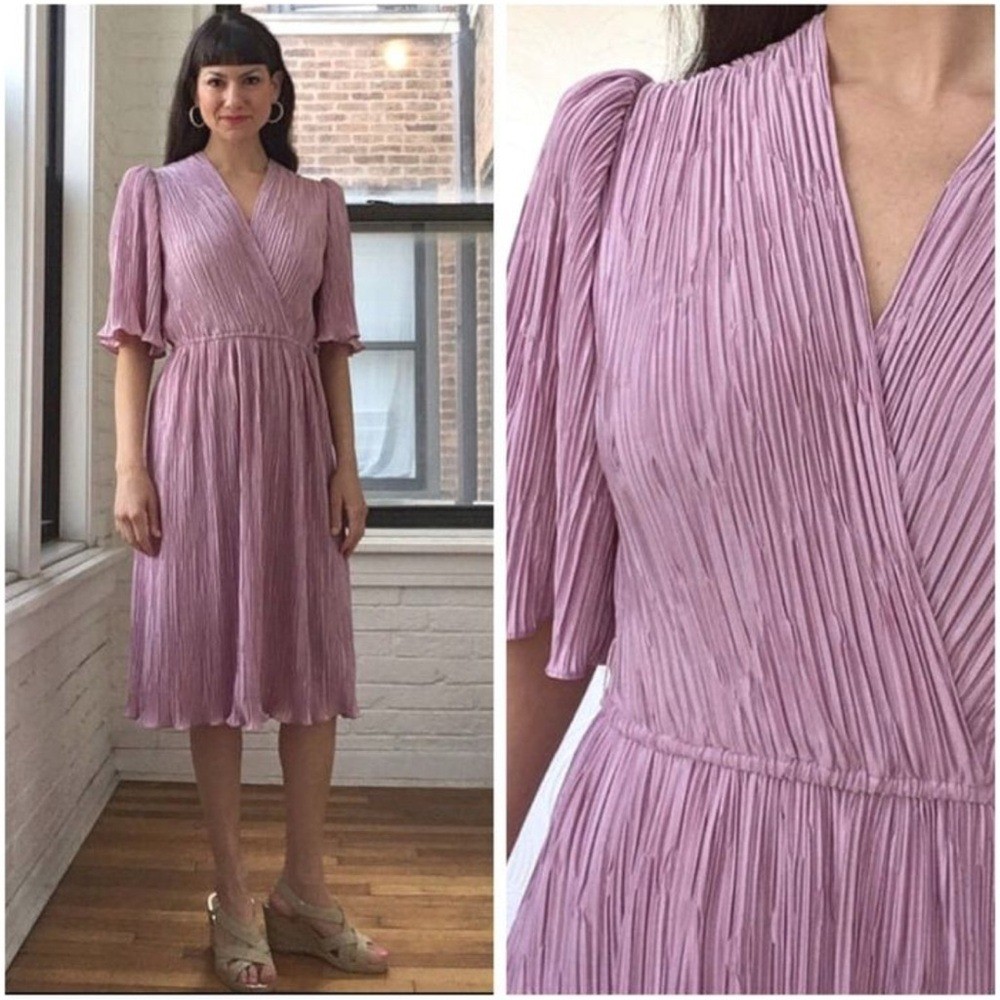 VTG 80s Crinkle Pleated Faux Wrap Style Dress Dusty Pink Chrissy Threes Company