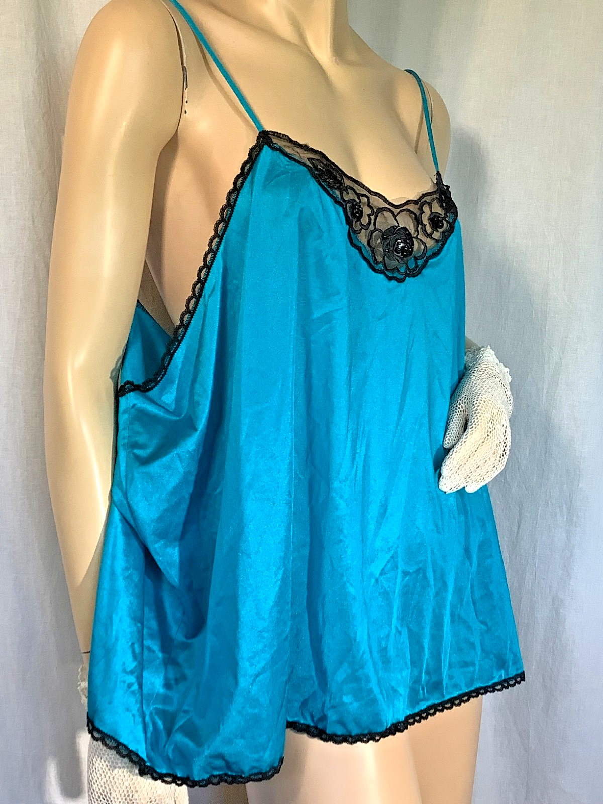 vintage Plus woman within Turquoise blue 80s sexy Chemise lace Cami babydoll 2XL