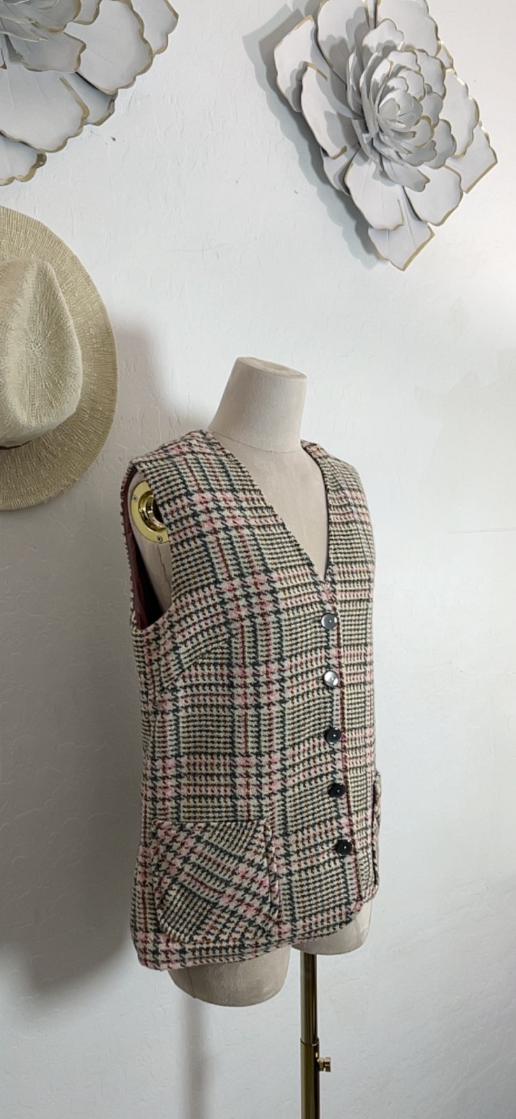 RUSS vtg wool houndstooth vest 12 preppy equestrian academia pink gray beige