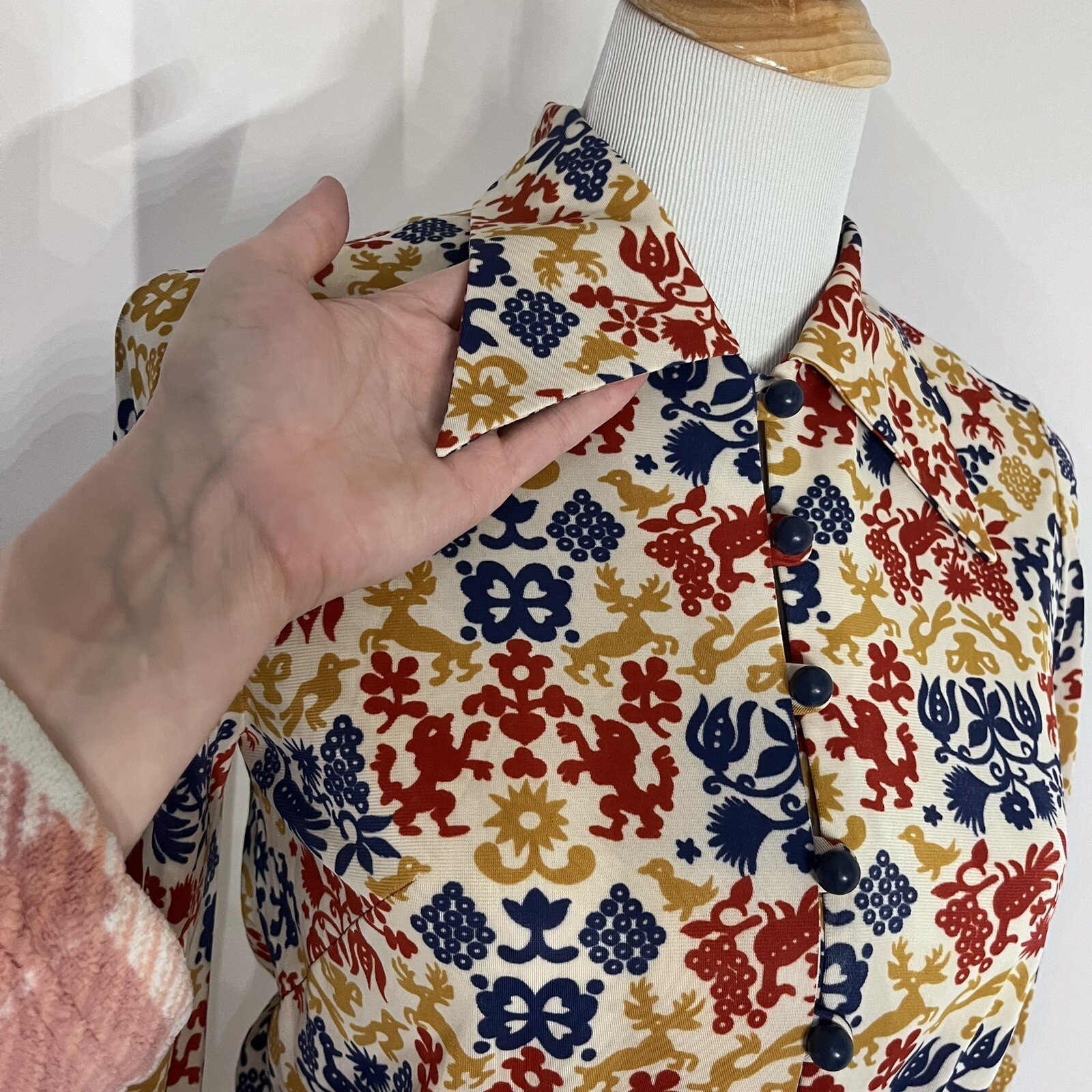 Vintage Homemade Modest Boho Peasant Dress Patterned Long Sleeve 70s