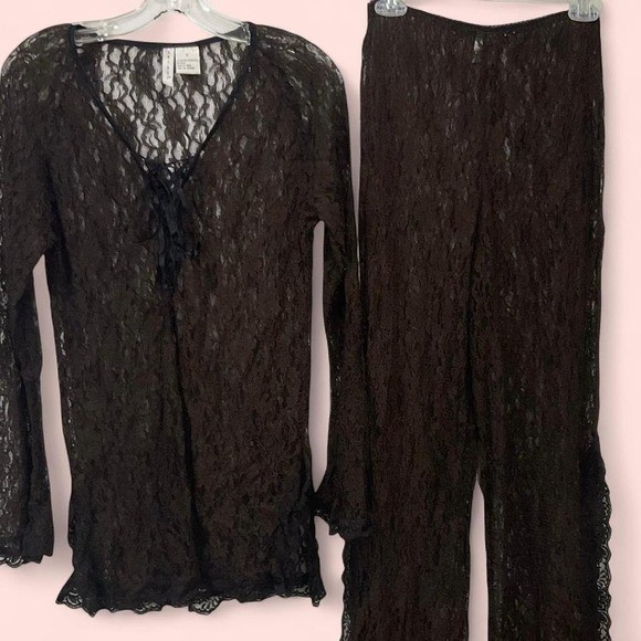 Vintage Twiggy Brown Floral Lace 2 Piece Set Tunic Top and Wide Leg Pants Small