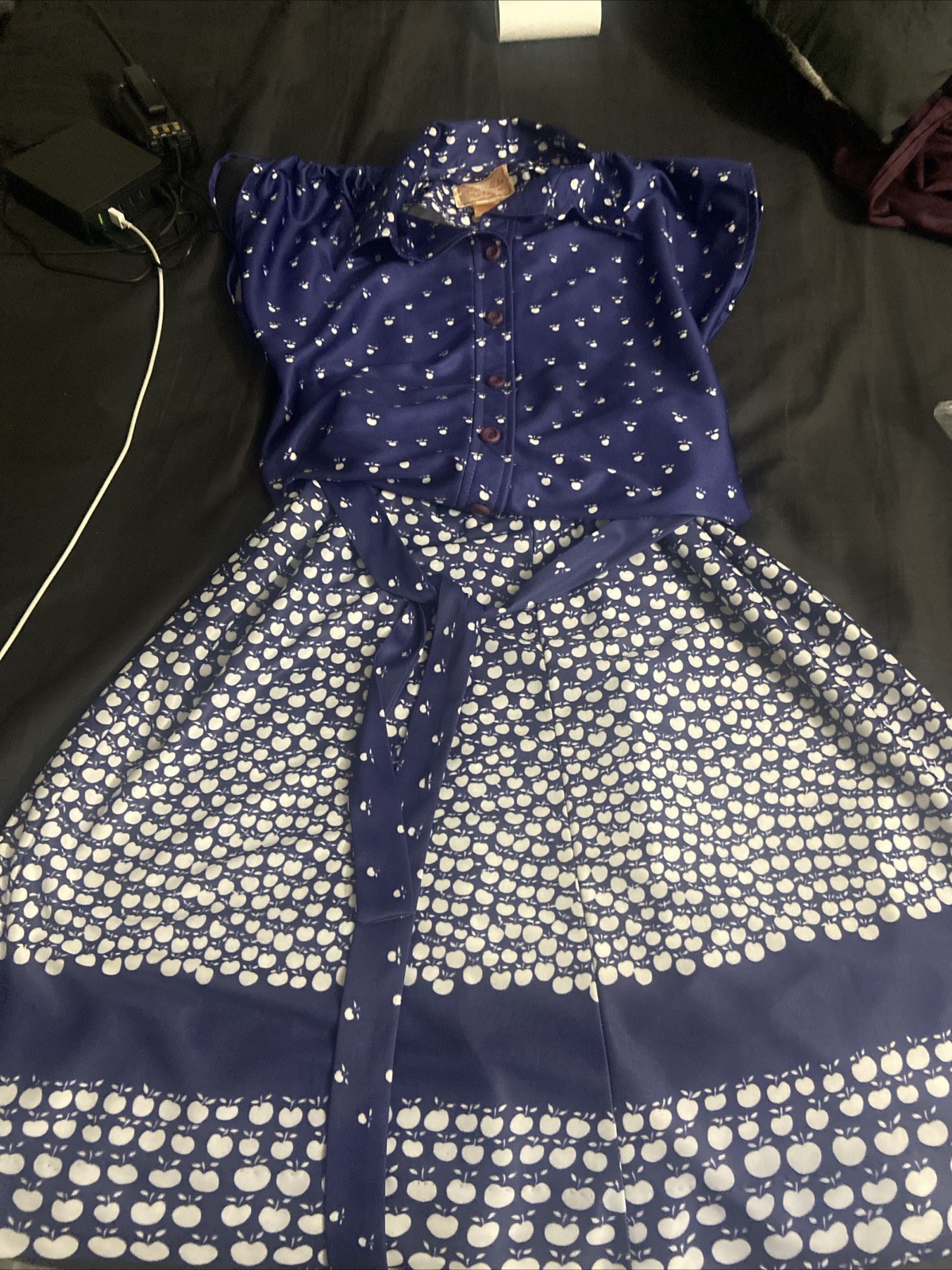 Vtg 70s Marie Shalom NY 3pc Set Apple Print Navy Top & Skirt 10 Geek Rockabilly