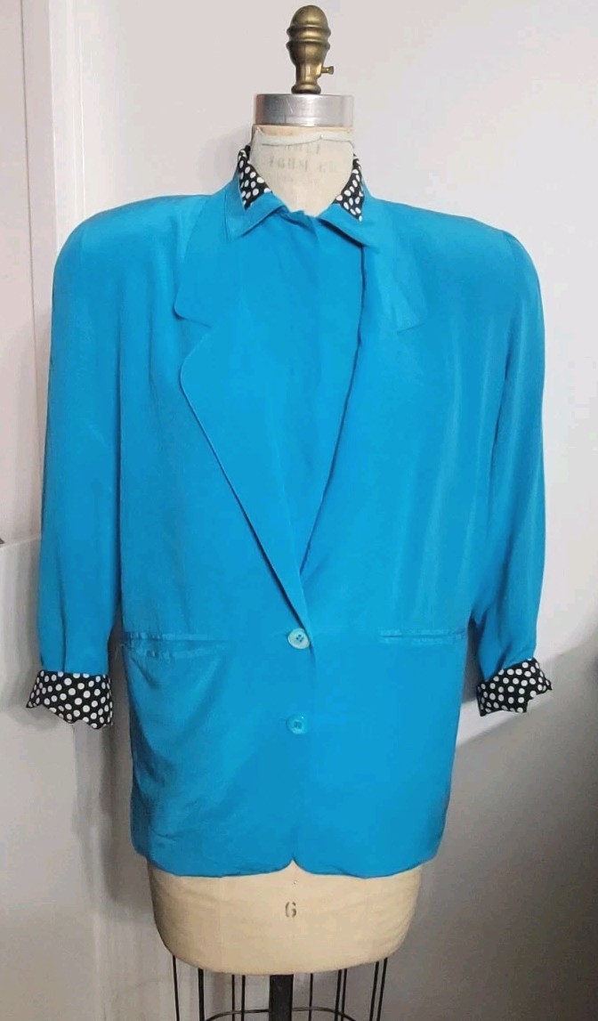 Oleg Cassini Washable Silk Vintage 80’s Turqouise Silk 2-piece Blouse + Blazer