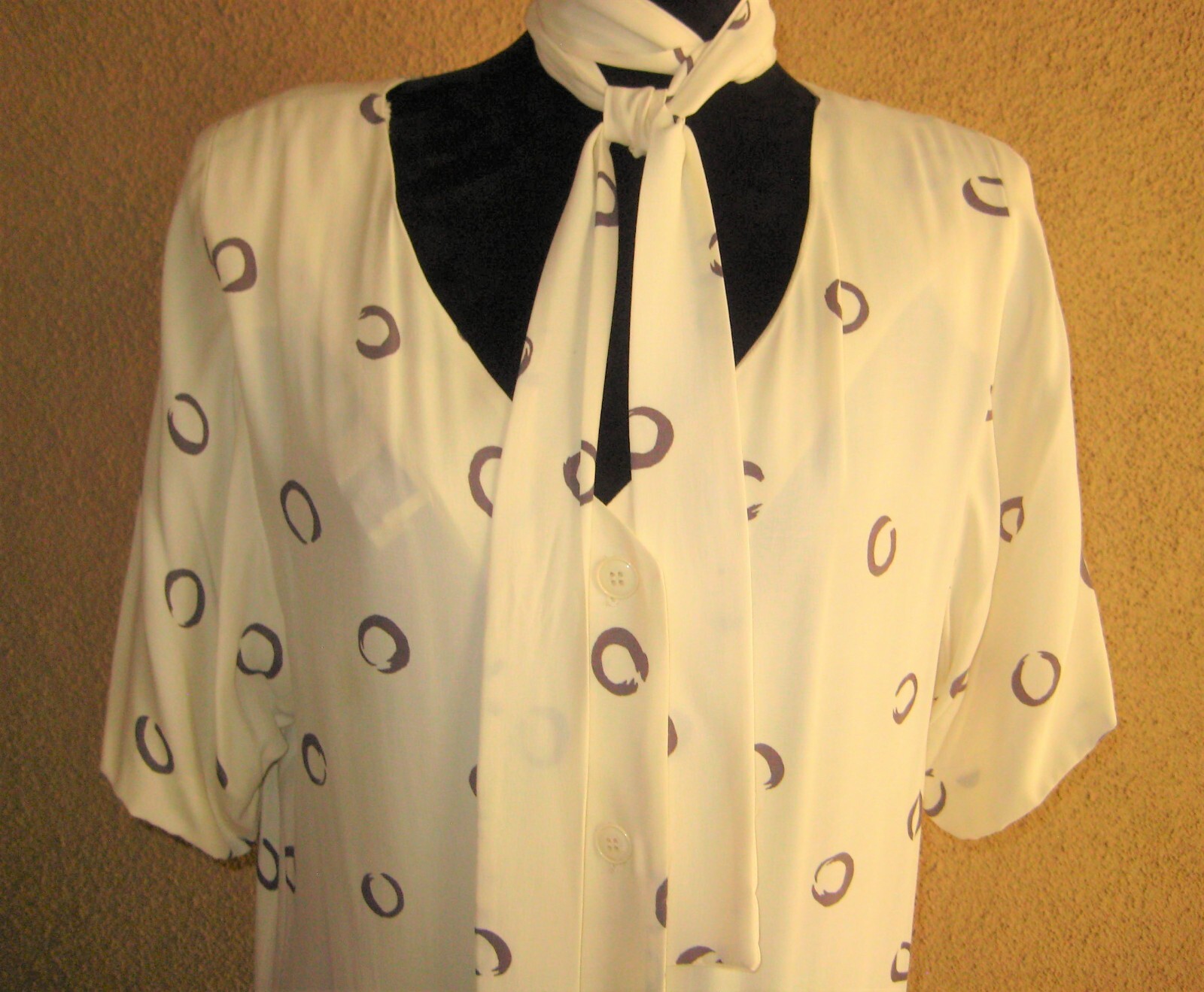 Vintage Warren Z I Magnin 80 cream abstract circles padded shoulder sheath dress