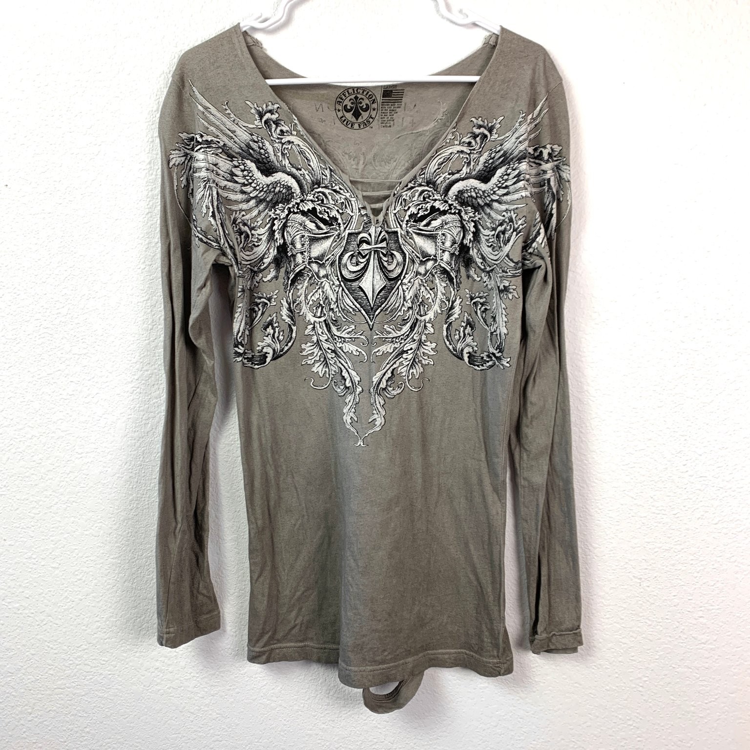 Y2K Affliction Live Fast Laced Raw Edge Long Sleeve Shirt Large Gray Wings