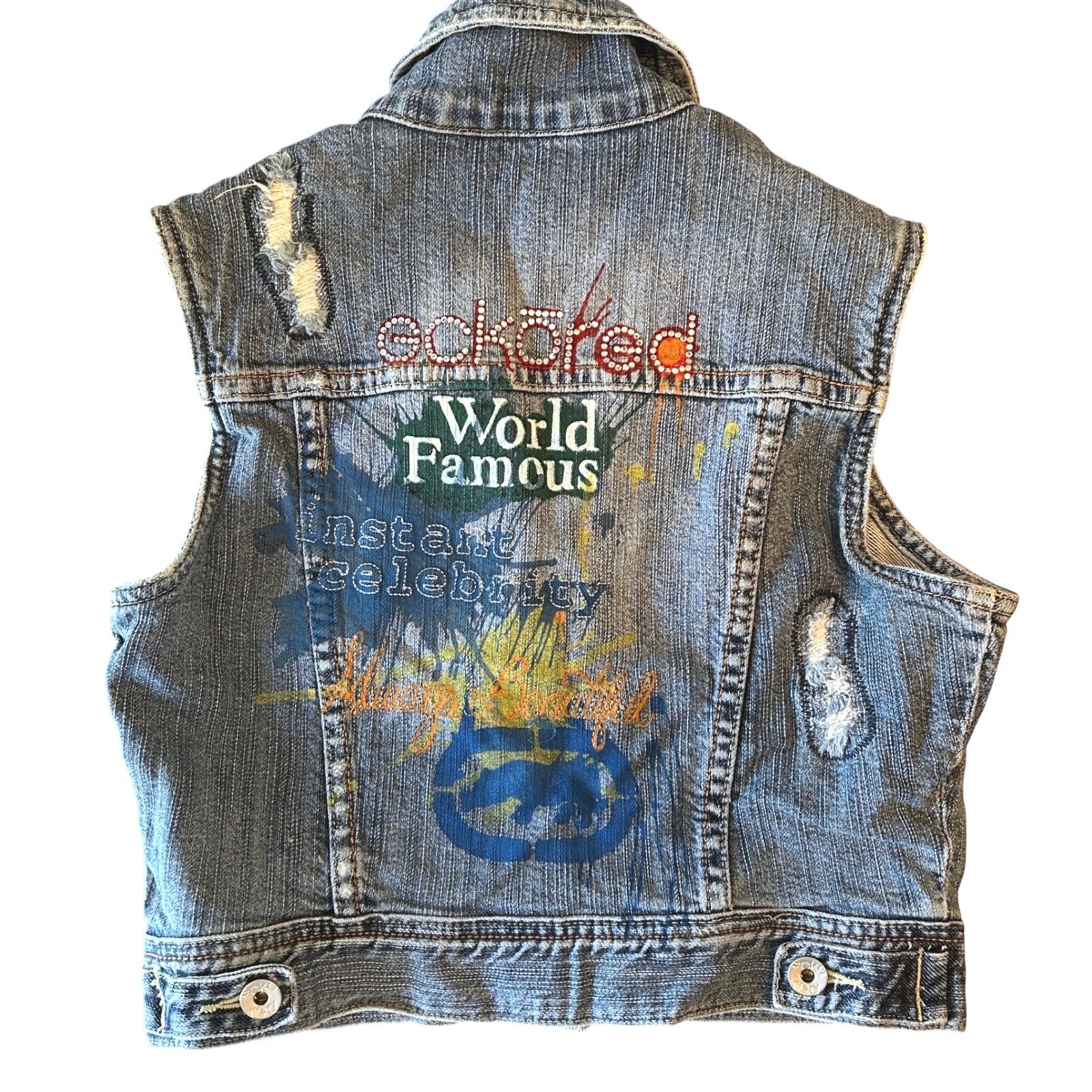 Ecko Red Denim Vest Womens M Blue Distressed Graffiti Y2K VTG Streetwear Hip Hop