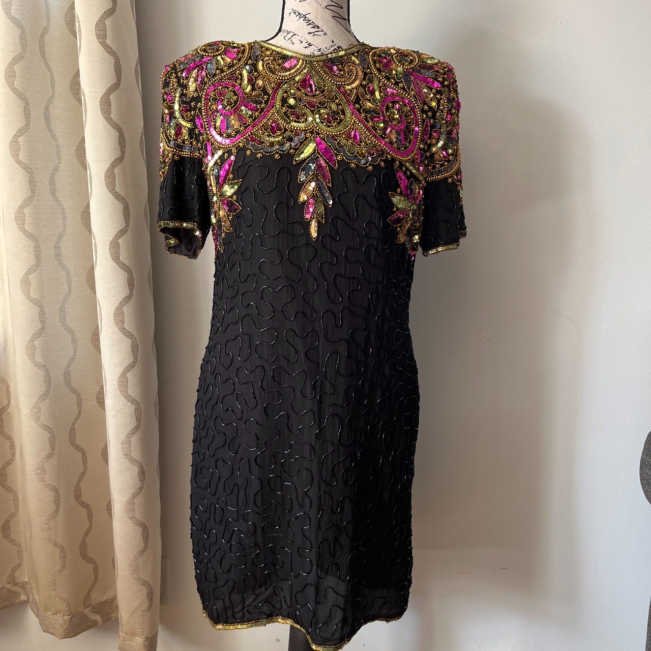1980s Vintage Lawrence Kazar Sequin & Beaded Black Cocktail Dress Sz: PL