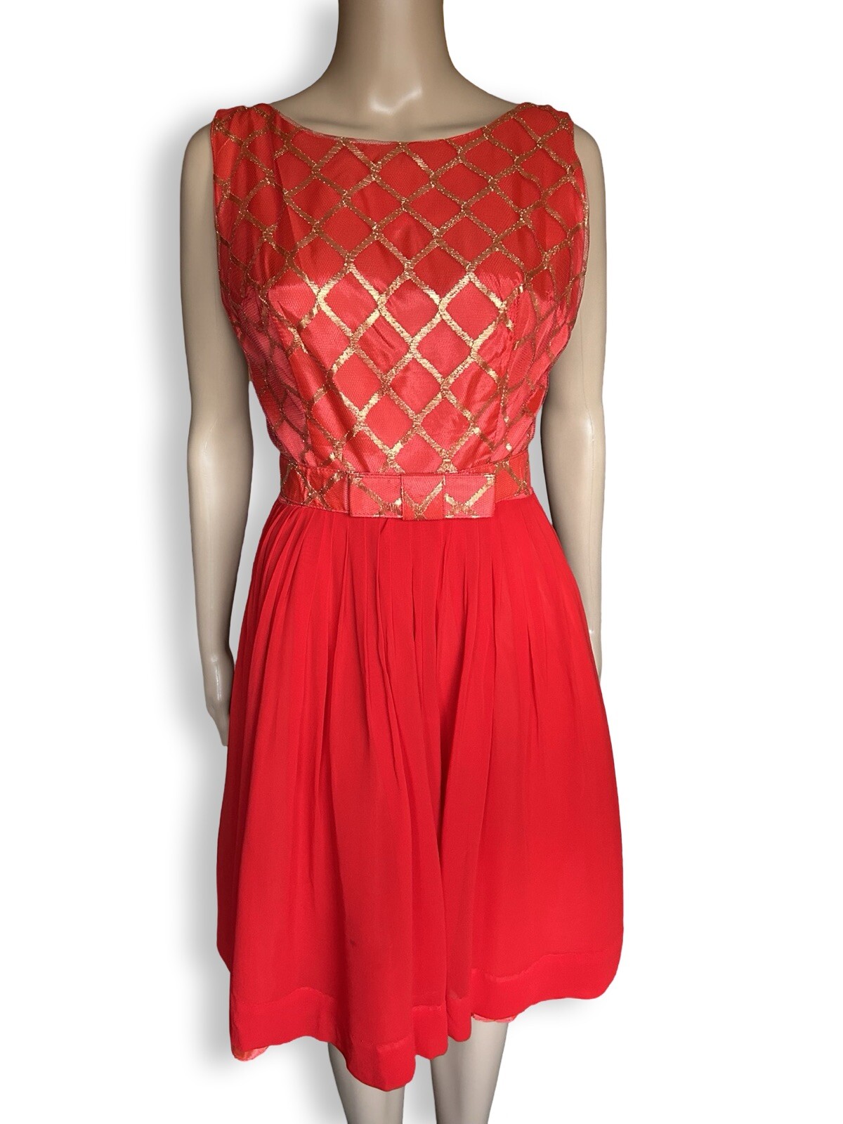 Vintage 1950s Gold Metallic Geometric Red Silk Chiffon Party Dress Holiday Xmas
