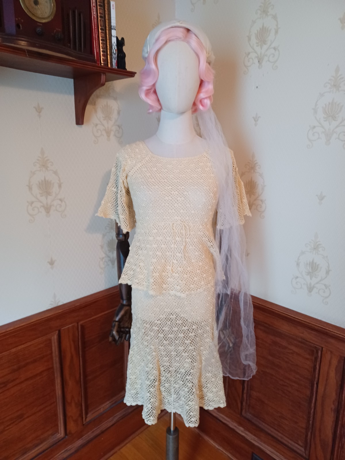 Vintage 1970s Boho/ Hippie/ Beach Wedding Ivory 2-piece Handmade Crochet Dress