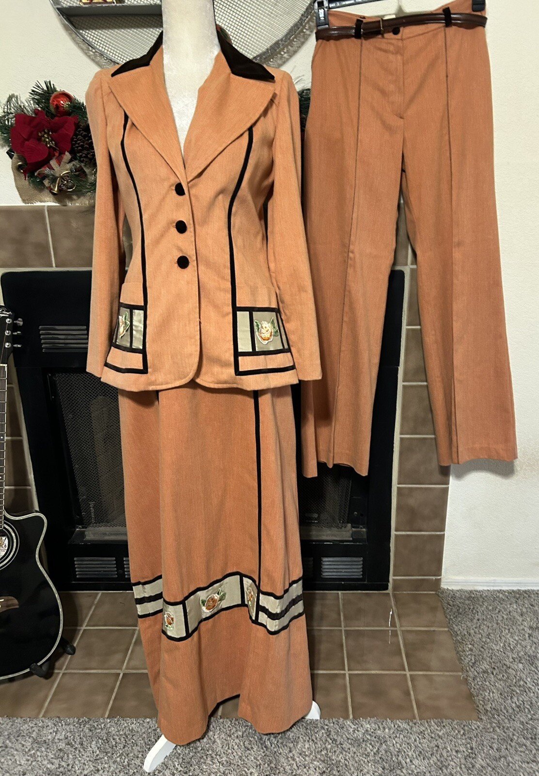 Vintage 70s Modern Juniors Denim Velvet Suit Set Church Wear 3 Piece Pioneer