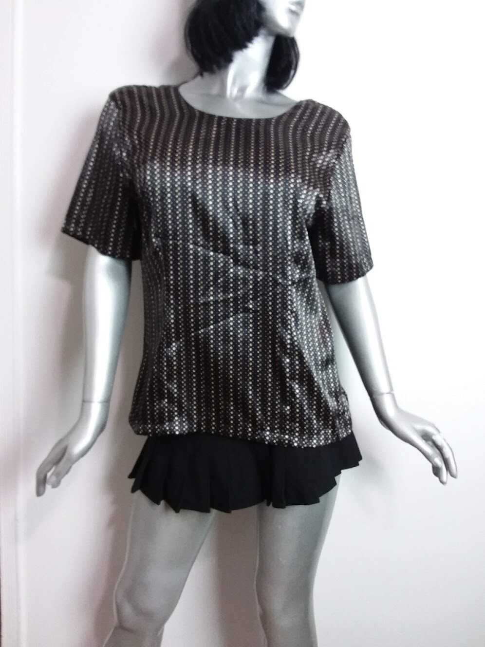Christie & Jill Size 10 Blouse Black/Tan Polka Dots Short Sleeve Disco Vintage