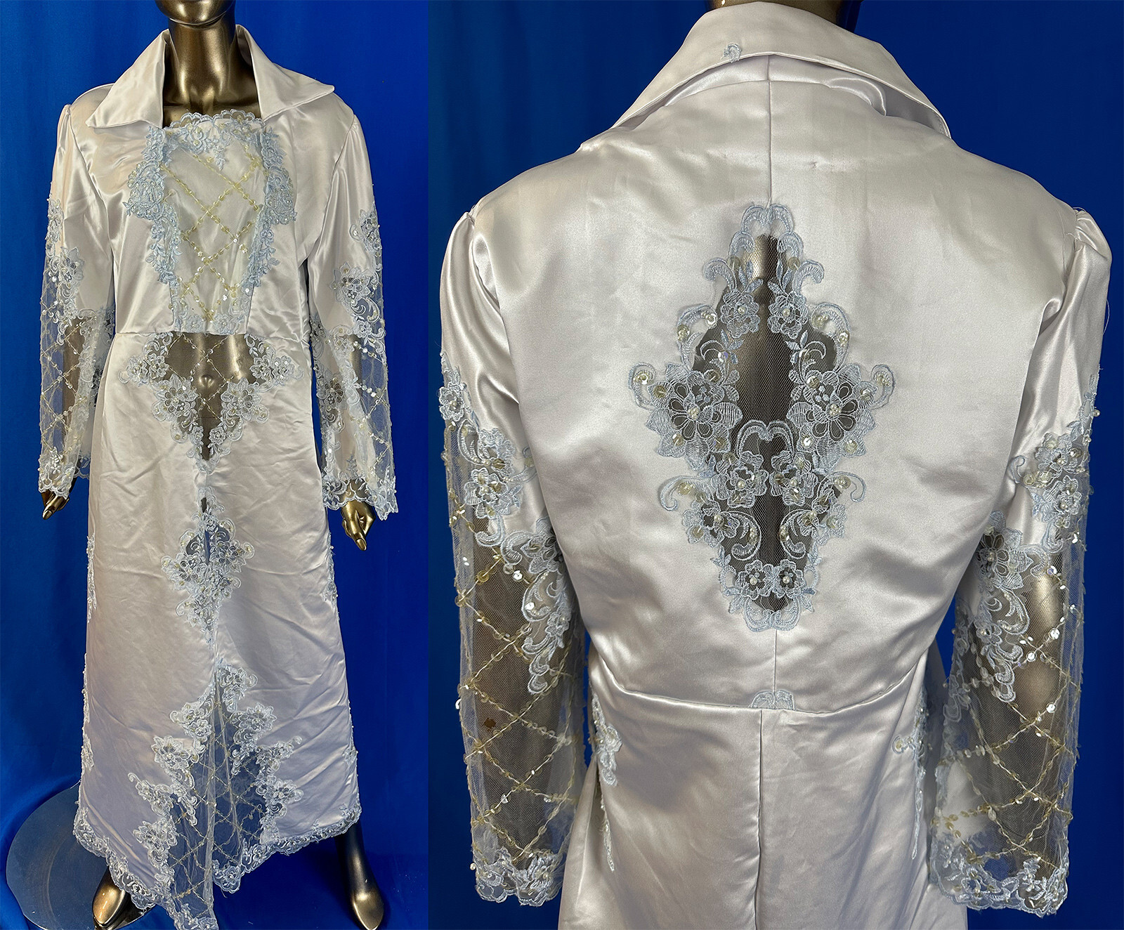 Vintage Custom Made White Satin Blue Lace Sequin Pearl Beaded Formal Maxi Dress