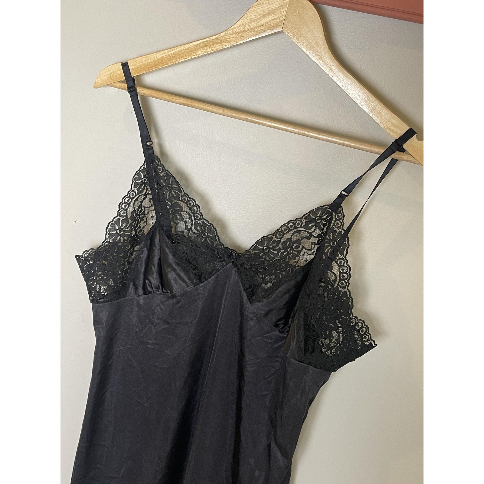 Vintage Black Lace Trim Full Slip Dress Antron III Nylon Size 40 Made in USA