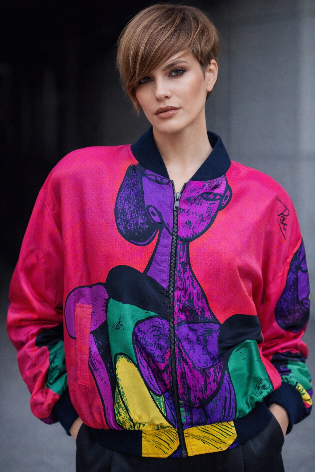 Vtg SHINY SATIN PICASSO ART BOMBER JACKET Sex Education POP ART GRAPHIC SZ L