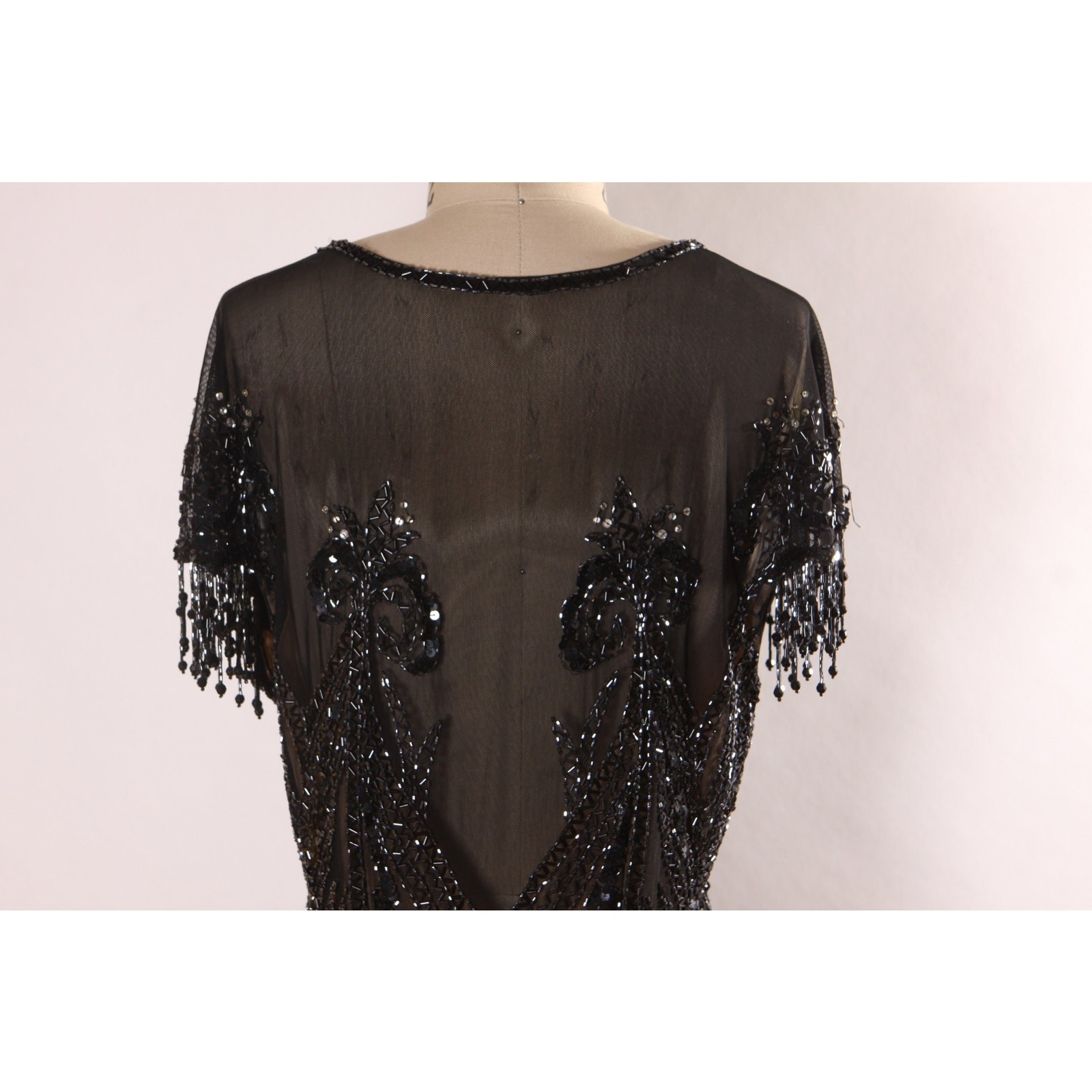 1980s 1990s Black Sequin Beaded Fringe Flapper Style Dress by Peak Evenings
