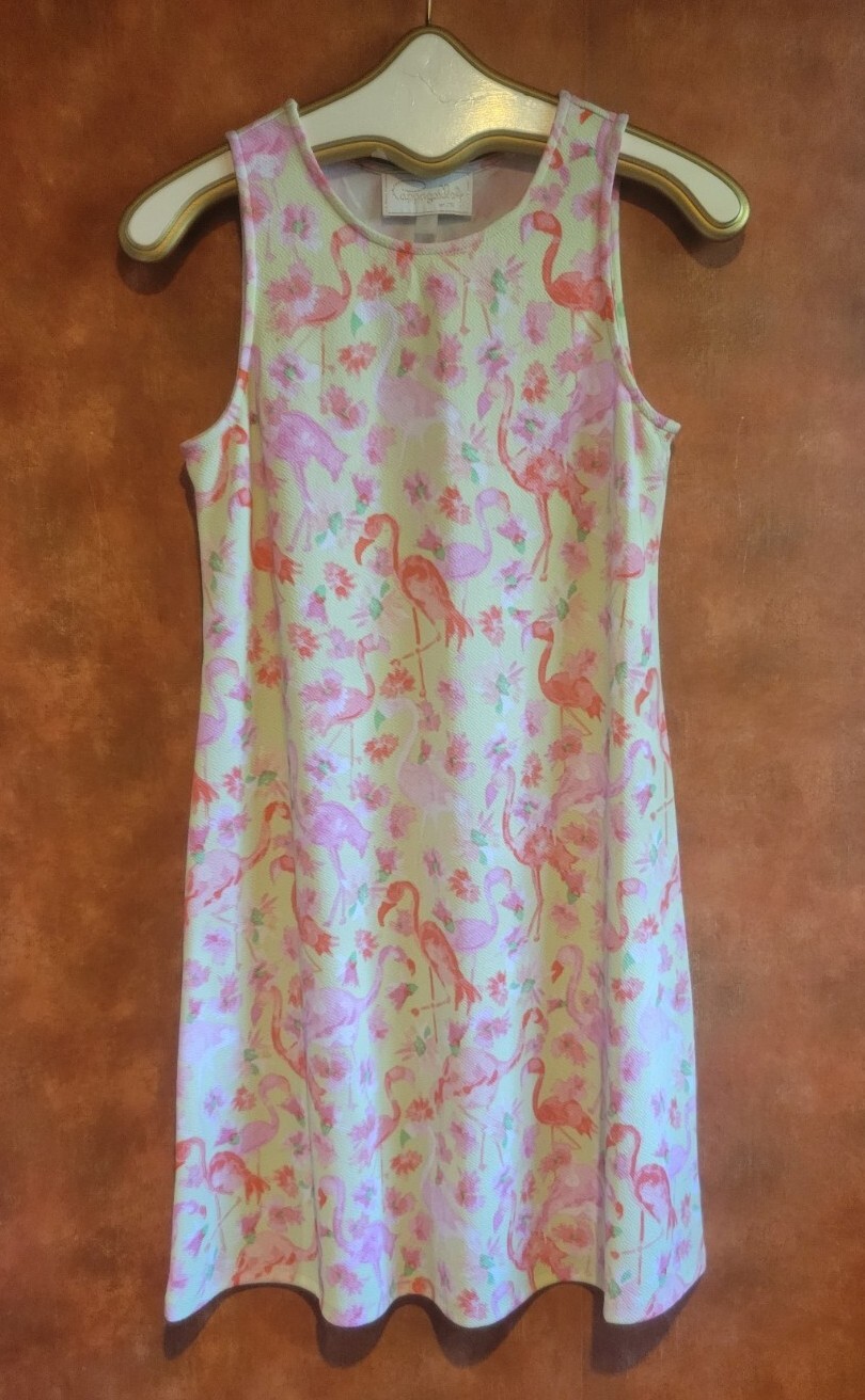 Vintage Cappagallo Pink Flamingo Yellow Swing Dress S Floridian Sundress