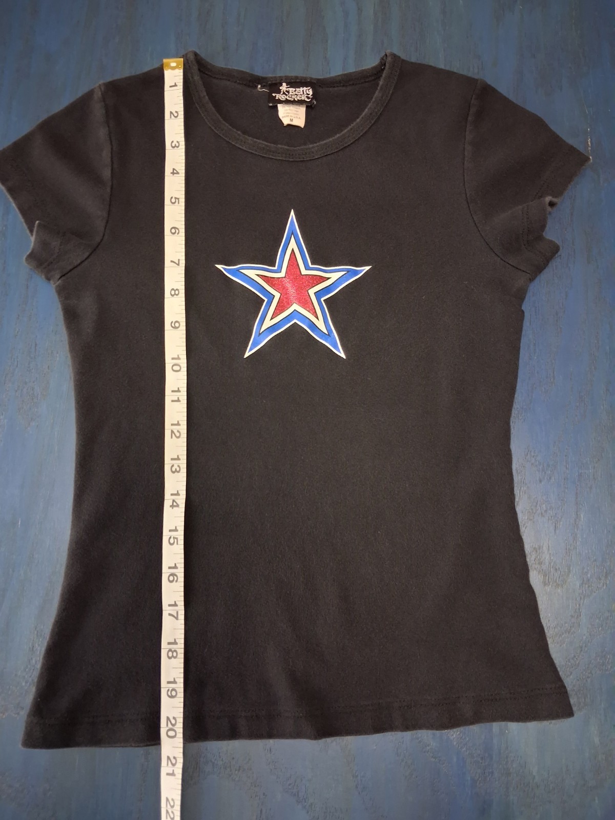 Vintage Y2K Betty Rocker Star Graphic Baby Tee Medium USA Distressed Defect
