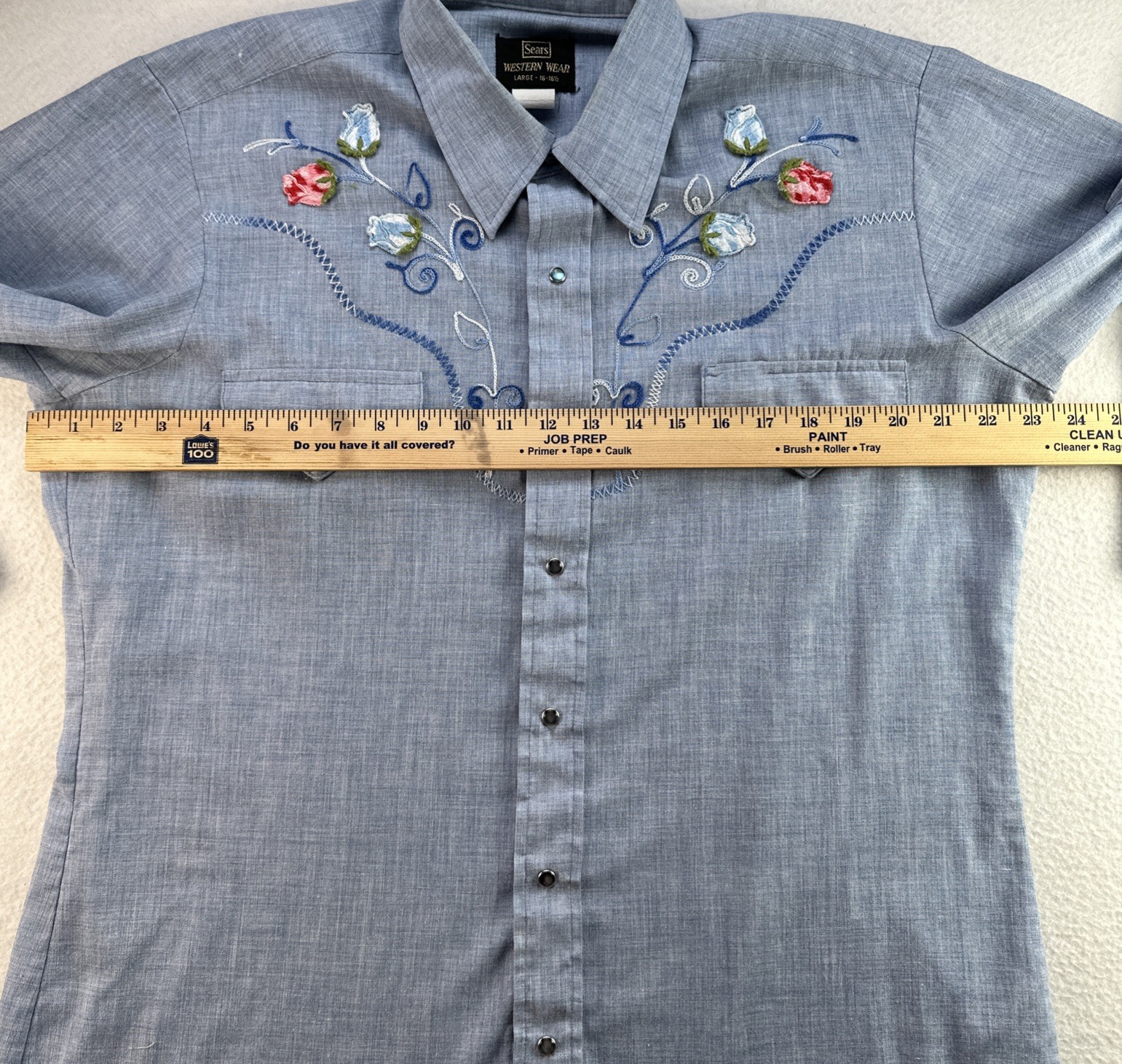 VTG 80s Sears Western Wear Pearl Snap Shirt Womens L Blue Floral Embroidered USA