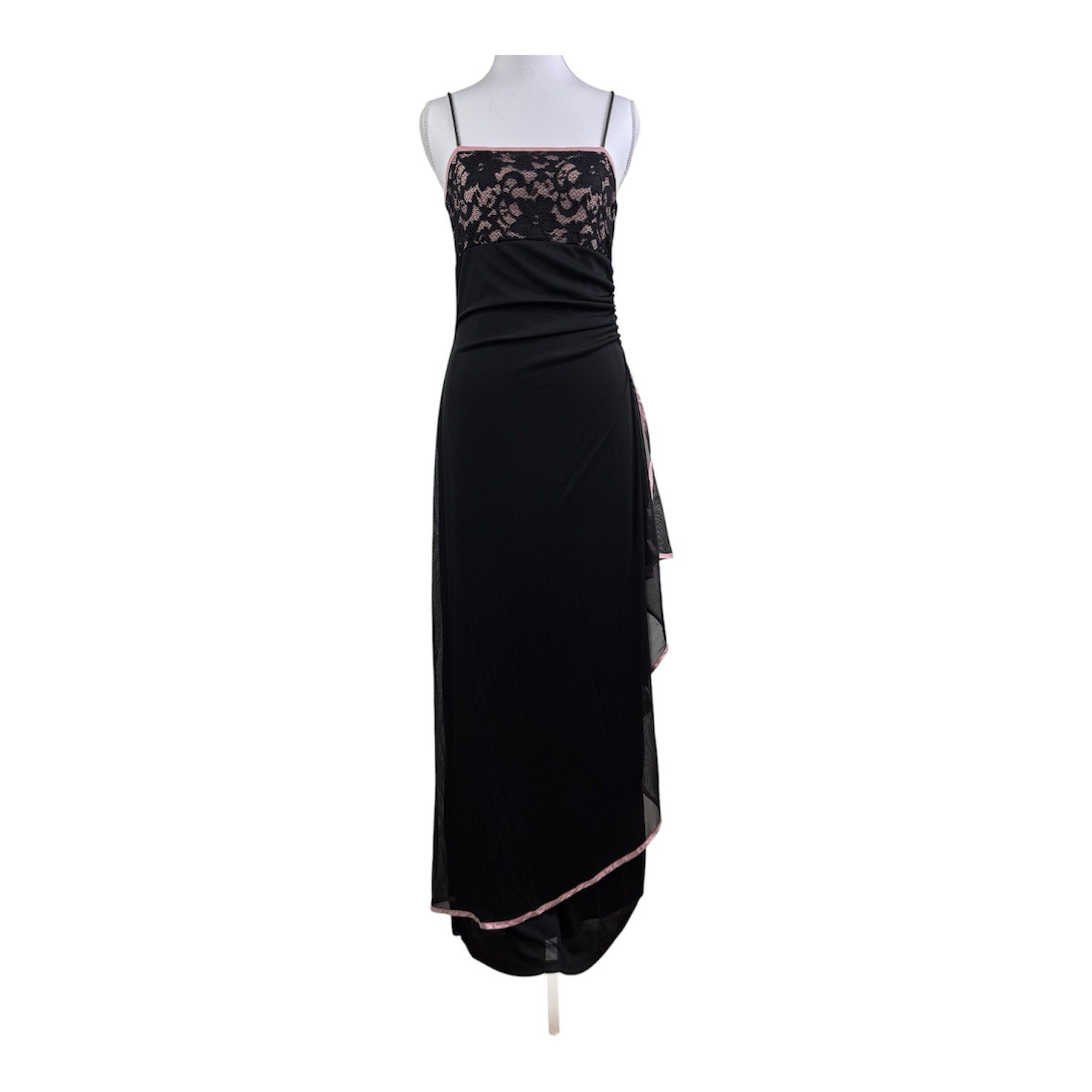 Y2K Vintage Taboo Maxi Slip Dress Medium Black Ruched Lace Layered 90s Fairycore
