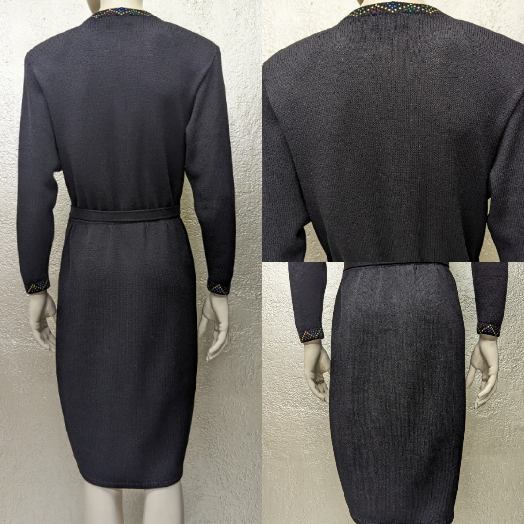 Vintage 1970s Ladies ST JOHN MARIE GRAY Black Knit Sweater Dress Studded w/Belt