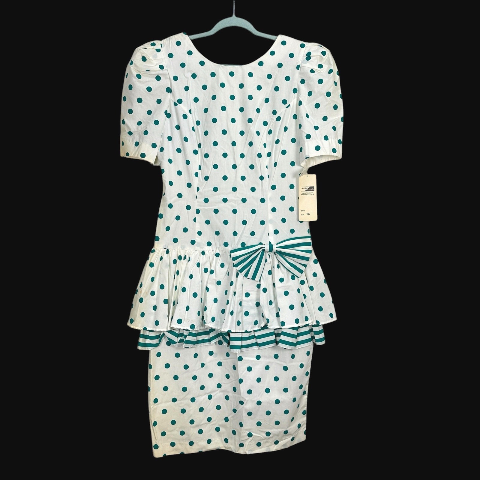 Sunshine Starshine Vintage 80s Polka Dot Peplum Dress Teal White Bow Size 14 NWT