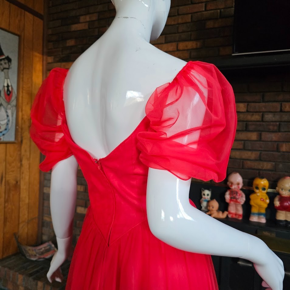 Vtg 80s Lipstick Red Queen Of Hearts Puff Sleeve Chiffon Full Prom Dress XS/S