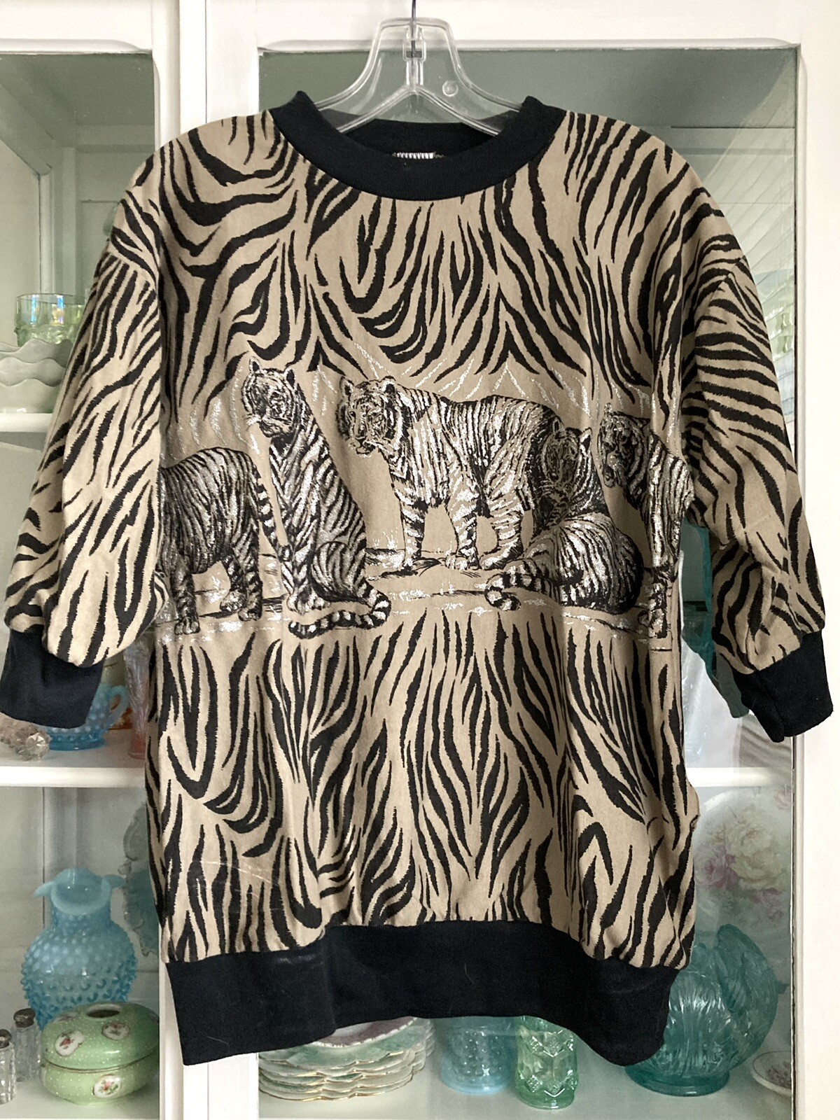 VTG 80s East River Clothing Metallic Tiger Print Top Shirt Oversize M USA Animal