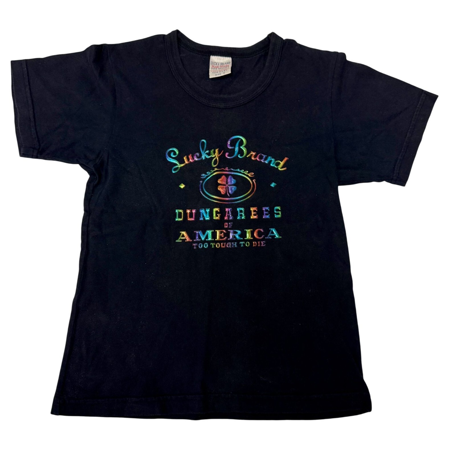 Vtg 90s Lucky Brand NEON Rainbow SPELLOUT To TOUGH to DIE Crop Top HIP HOP Shirt