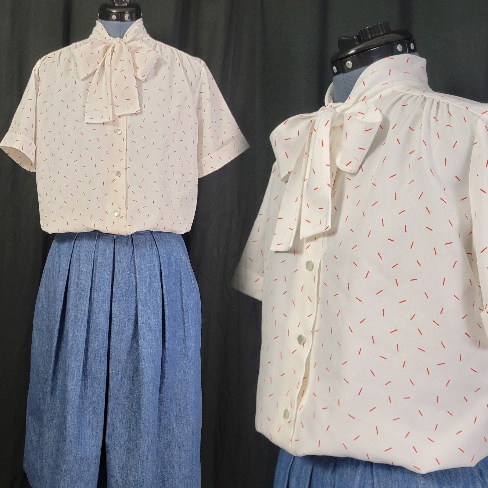 Vintage Styled By Terrry S/S White Blouse w Red Springles & Tie Neck Size M/L?